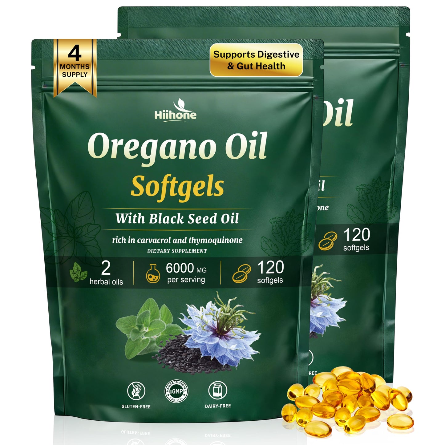 HIIHONE Oil of Oregano Softgels with Black Seed Oil 120 Count