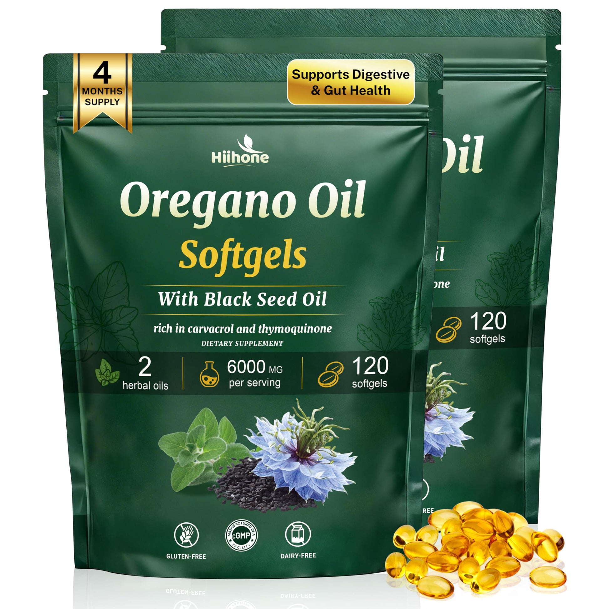 HIIHONE Oil of Oregano Softgels with Black Seed Oil 120 Count