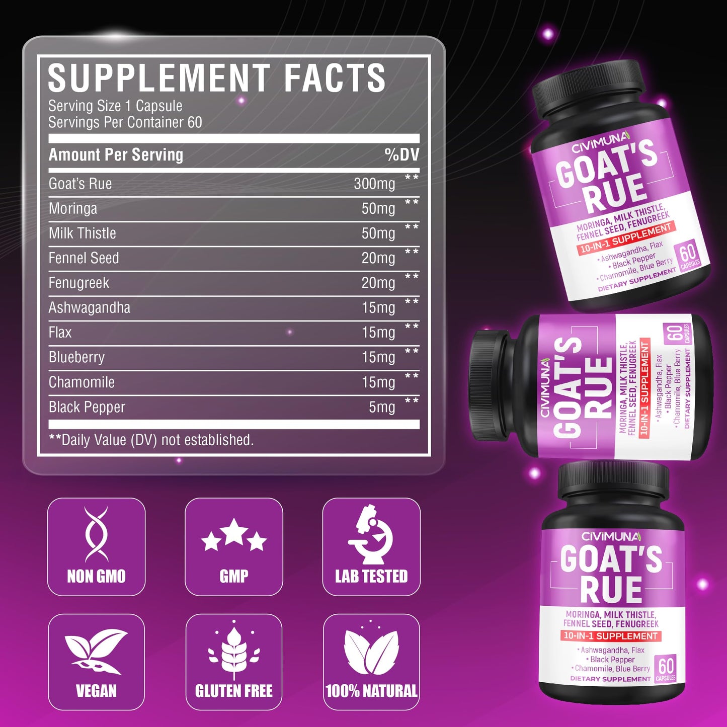CIVIMUNA Goat’s Rue Capsules with Moringa, Milk Thistle and More - 120 Capsules