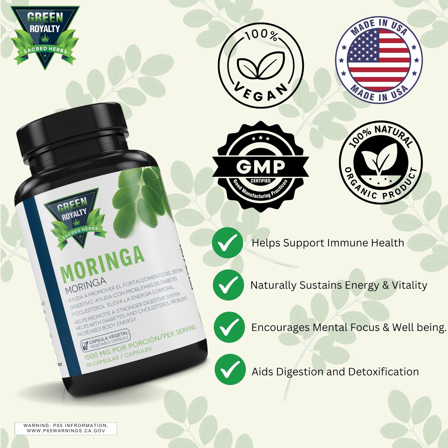 GREEN ROYALTY Moringa Capsules 1500 mg per Serving, 90 Capsules
