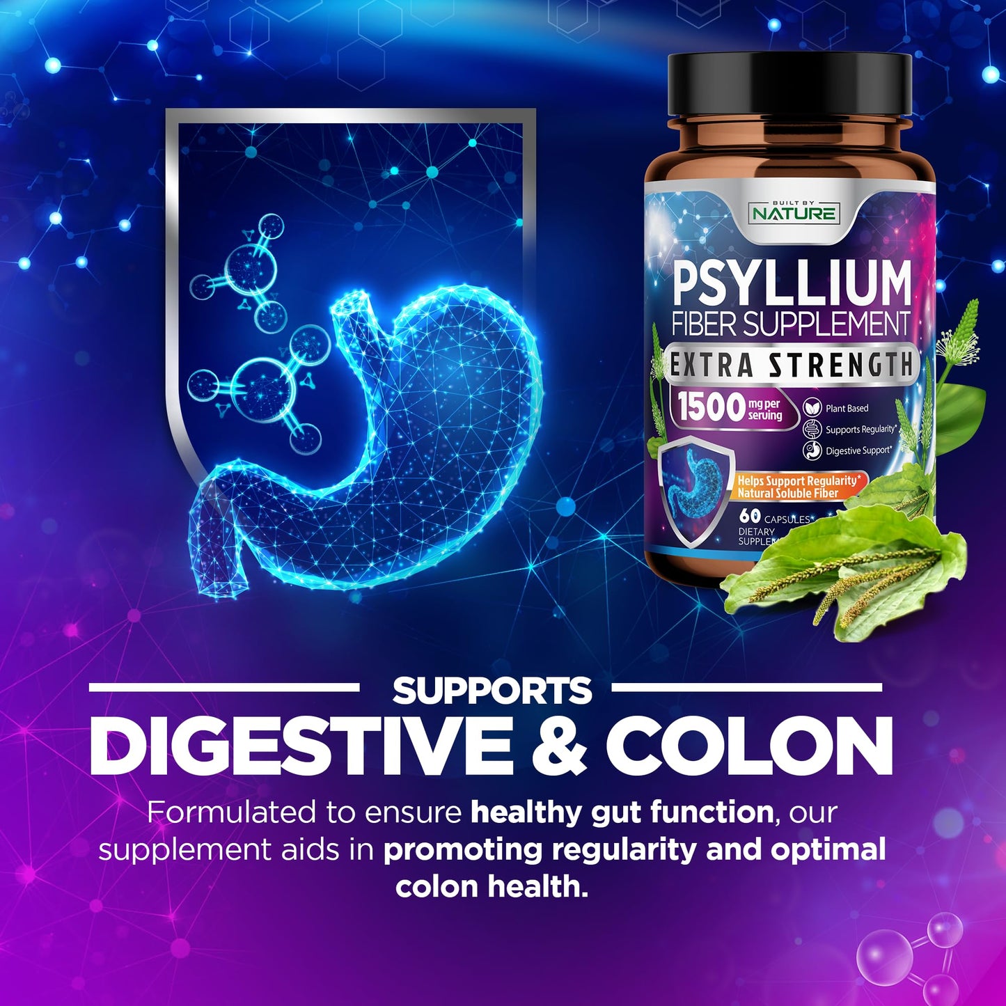 Built by Nature Psyllium Husk Capsules 2000mg, 60 Capsules