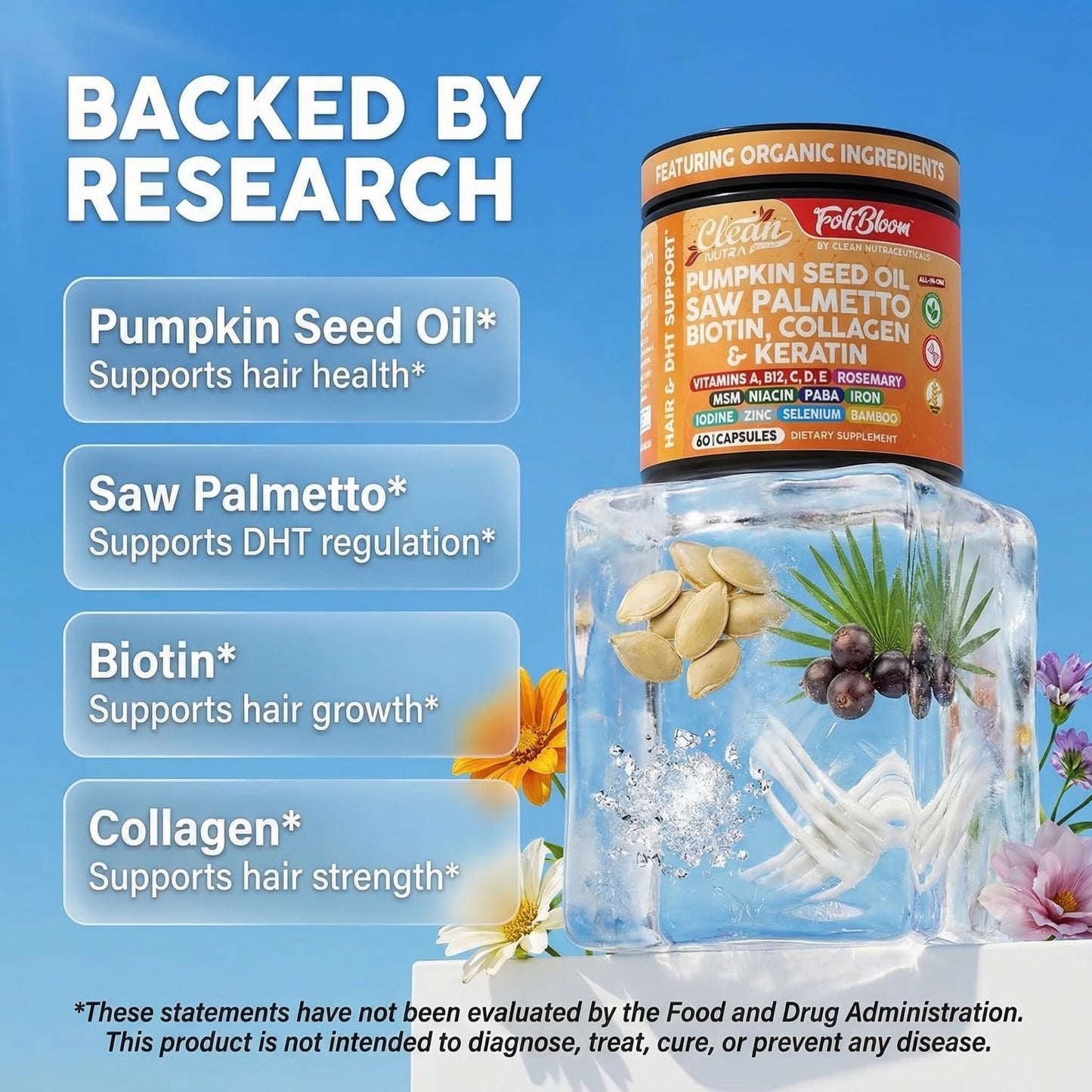 Clean Nutraceuticals Pumpkin Seed Oil Capsules + Saw Palmetto Biotin Collagen Keratin MSM Folate Hyaluronic Acid Hair Supplement, 60 Capsules