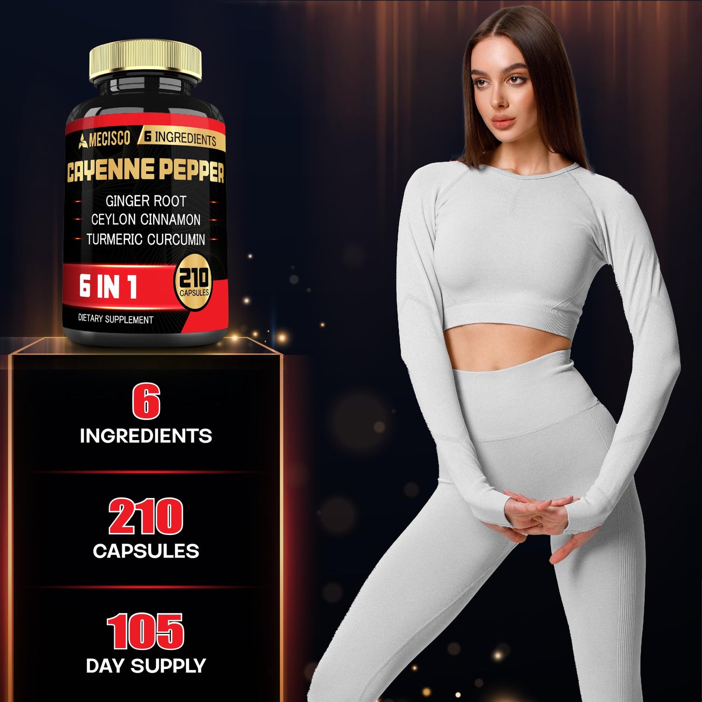 Mecisco 6in1 Cayenne Pepper Extract Capsules with Organic Turmeric Curcumin Root, Black Pepper, and More, 210 Capsules