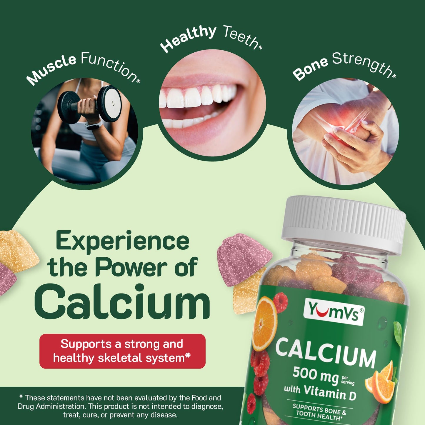 YUM-V'S Calcium 500mg with Vitamin D3 Gummies, Raspberry & Orange Flavor, 60 Gummies