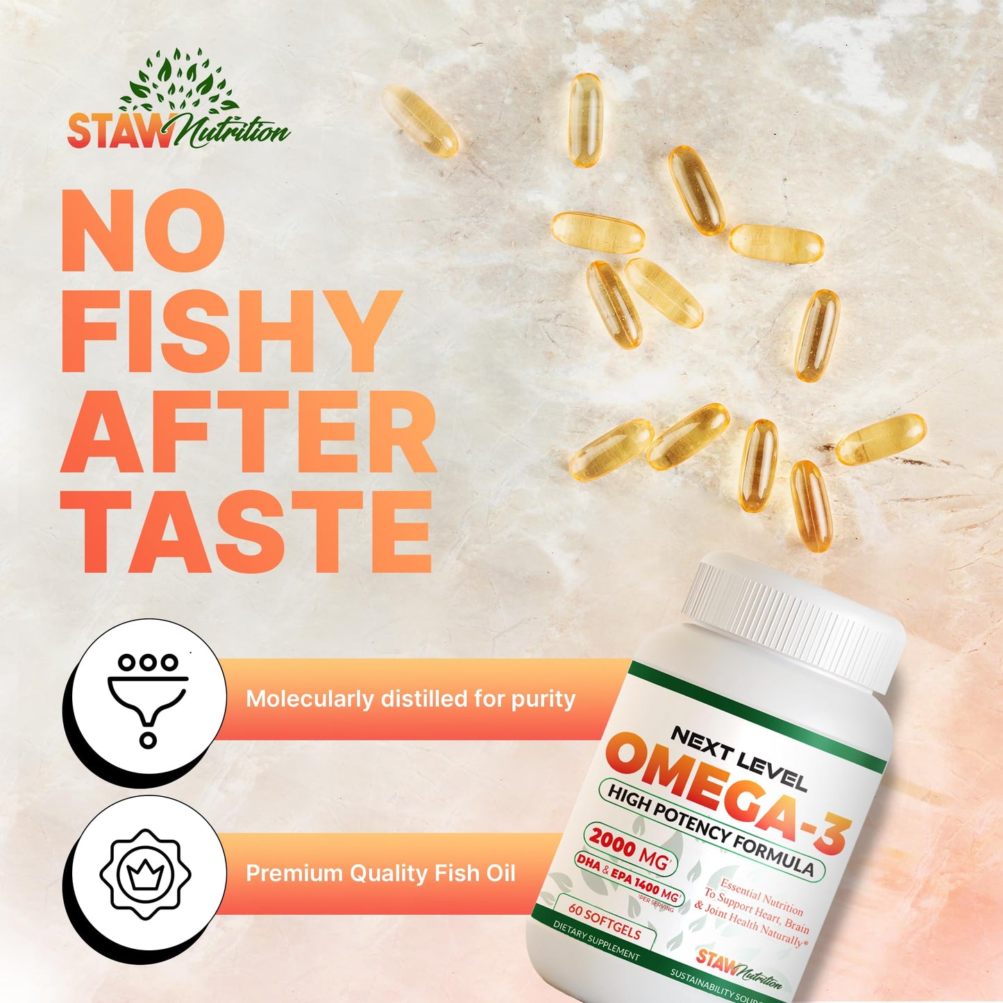 STAW Nutrition Omega 3 Fish Oil Supplement Softgels 60 Count
