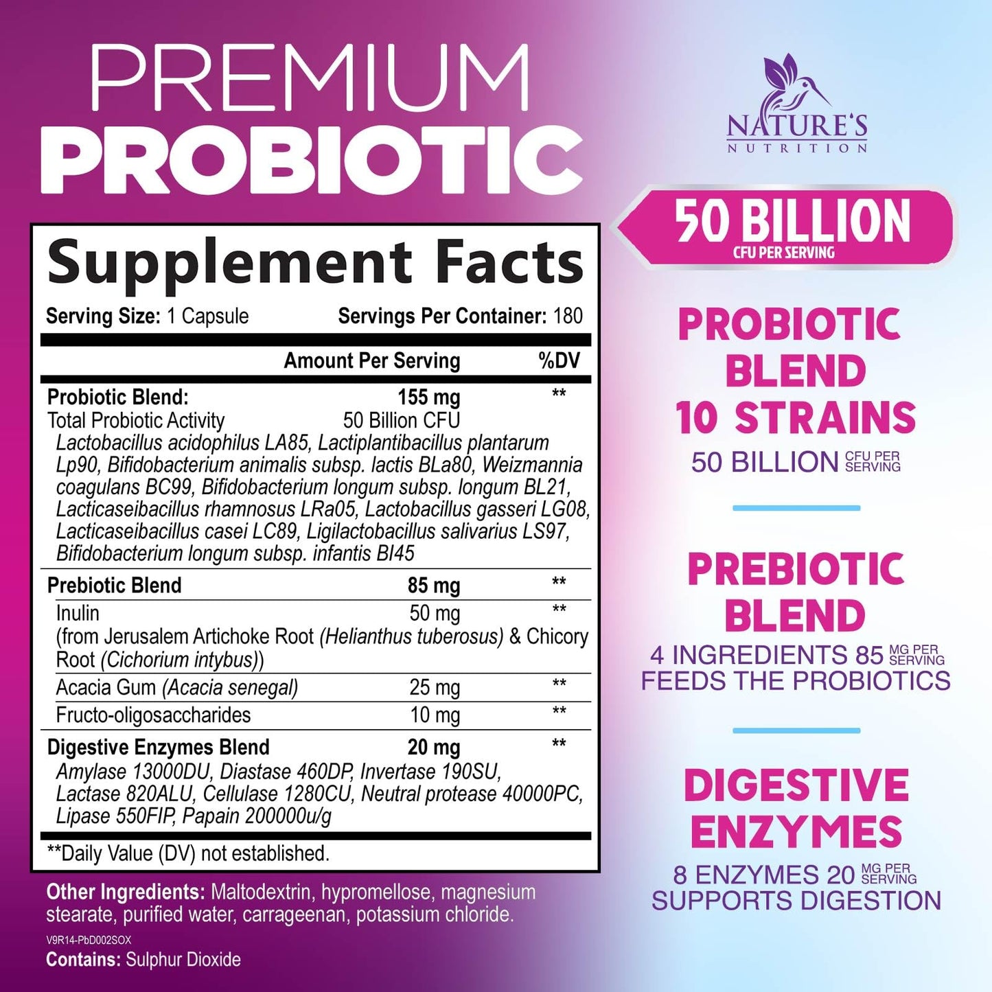 Nature's Nutrition Probiotics - 50 Billion CFU per Capsule - 10 Strains & Prebiotics - For Digestive Gut Health, Bloating & Occasional Constipation, 180 Capsules