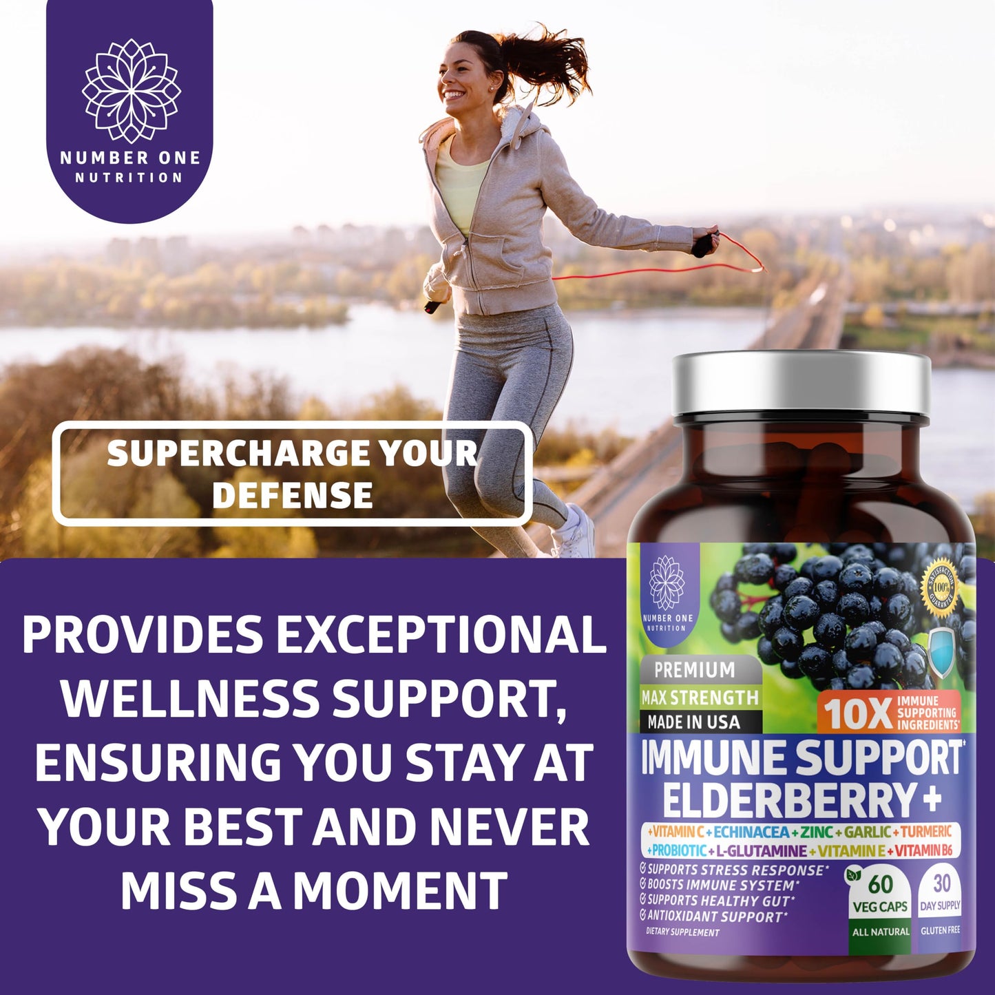 Number One Nutrition Elderberry Immune Support 10-in-1 with Zinc Vitamin C Probiotics Capsules, 60 Capsules