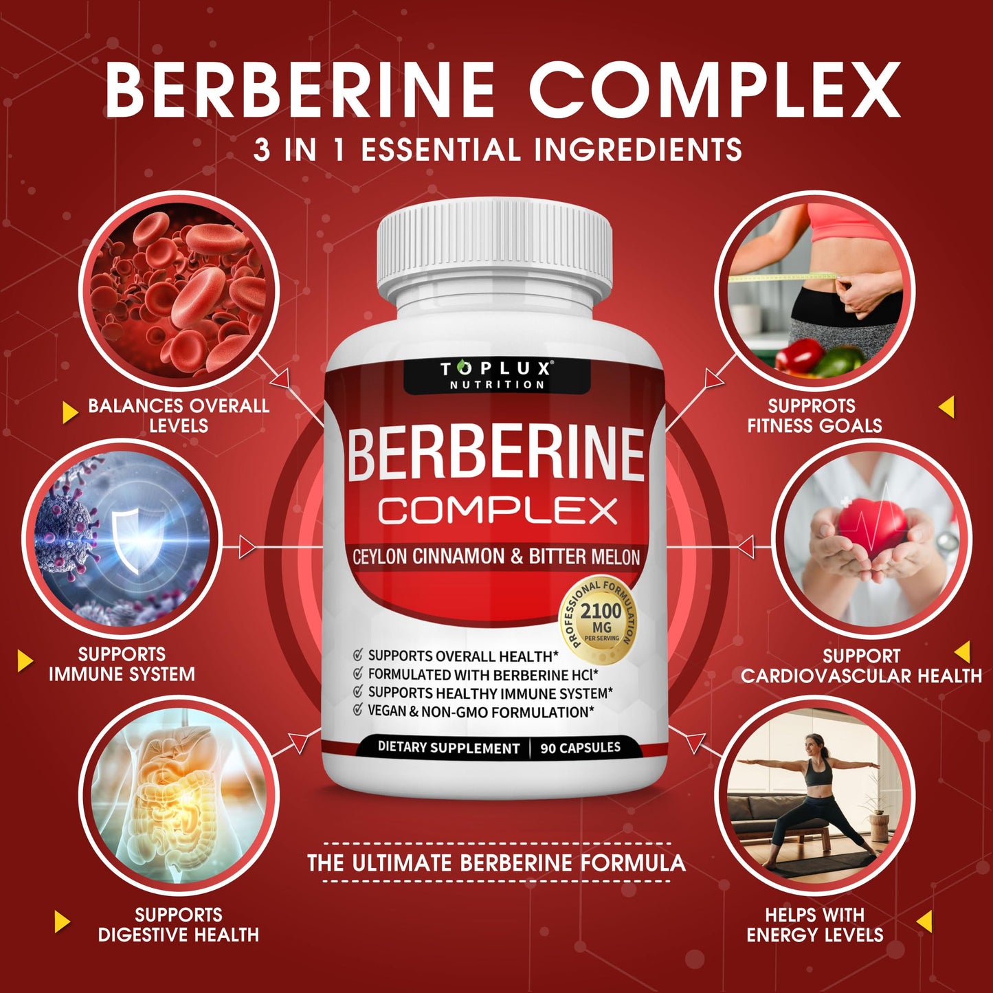 Toplux Berberine with Ceylon Cinnamon and Bitter Melon 2100mg - High Purity 97% HCL Berberine Supplement, 90 Capsules