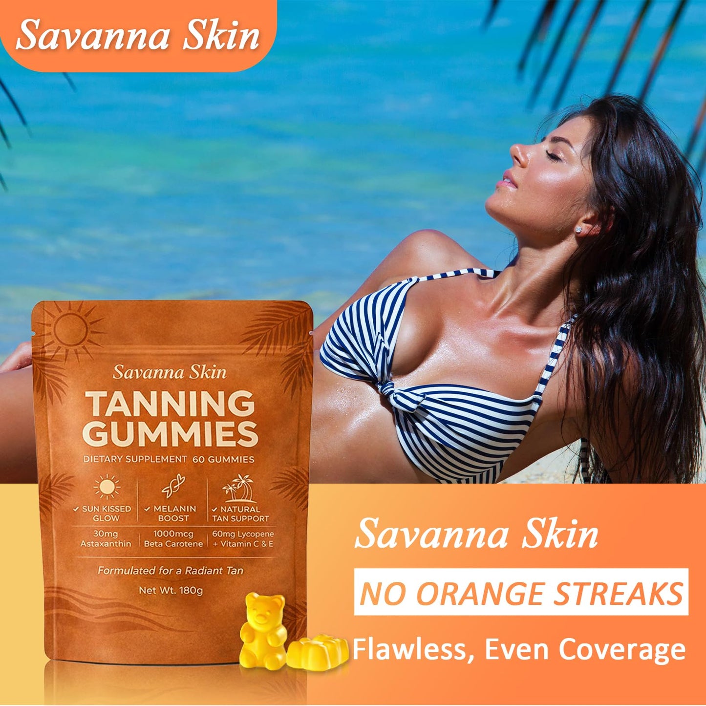 Savanna Skin Tanning Gummies, All-Natural Antioxidant Blend with Vitamin C & E, Astaxanthin, Beta Carotene, 1 Count