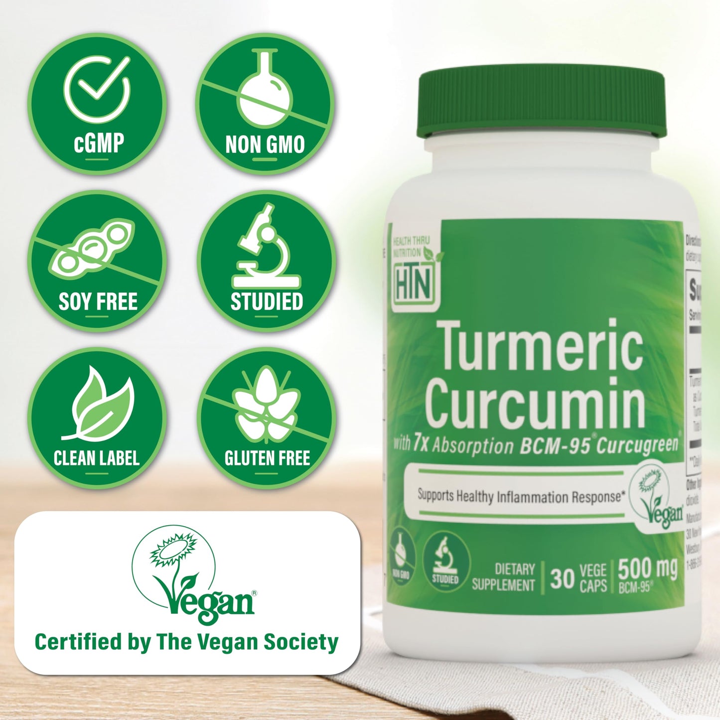 Health Thru Nutrition Turmeric Curcumin Complex 500mg BCM-95 Curcugreen Clinically Studied, Vegan Certified, Non-GMO, Hypoallergenic, 30 Capsules