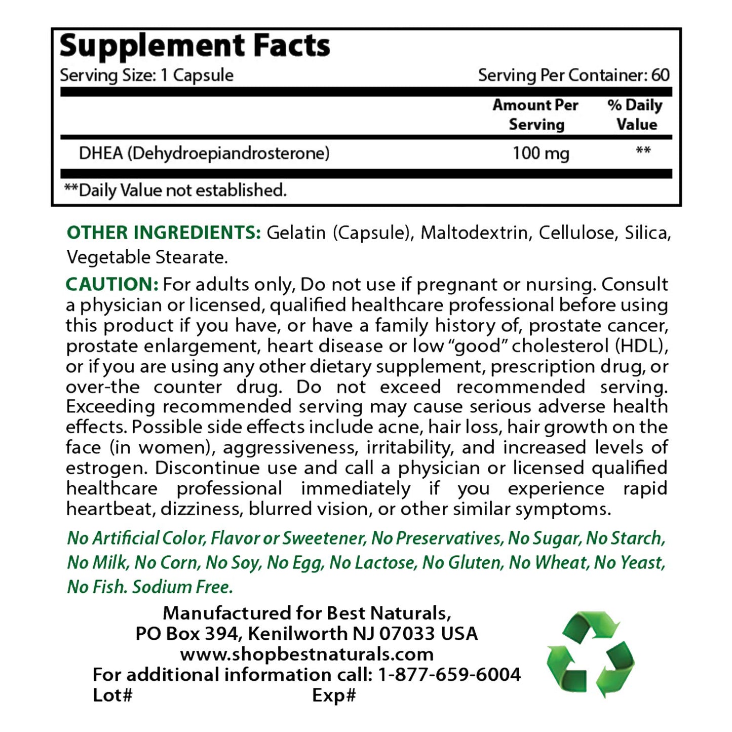 Best Naturals DHEA 100 mg & Hyaluronic Acid 200 mg Capsules, 60 Capsules