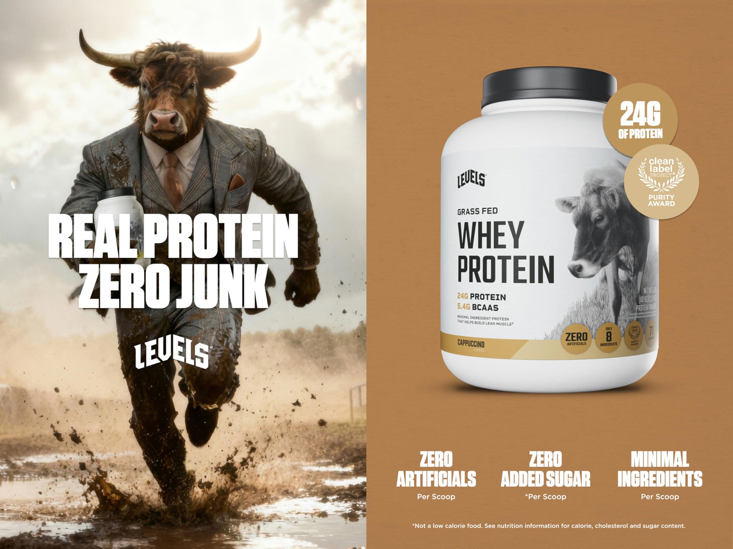 Levels Nutrition Grass Fed Whey Protein Powder Cappuccino, 5 lb, 80 Servings