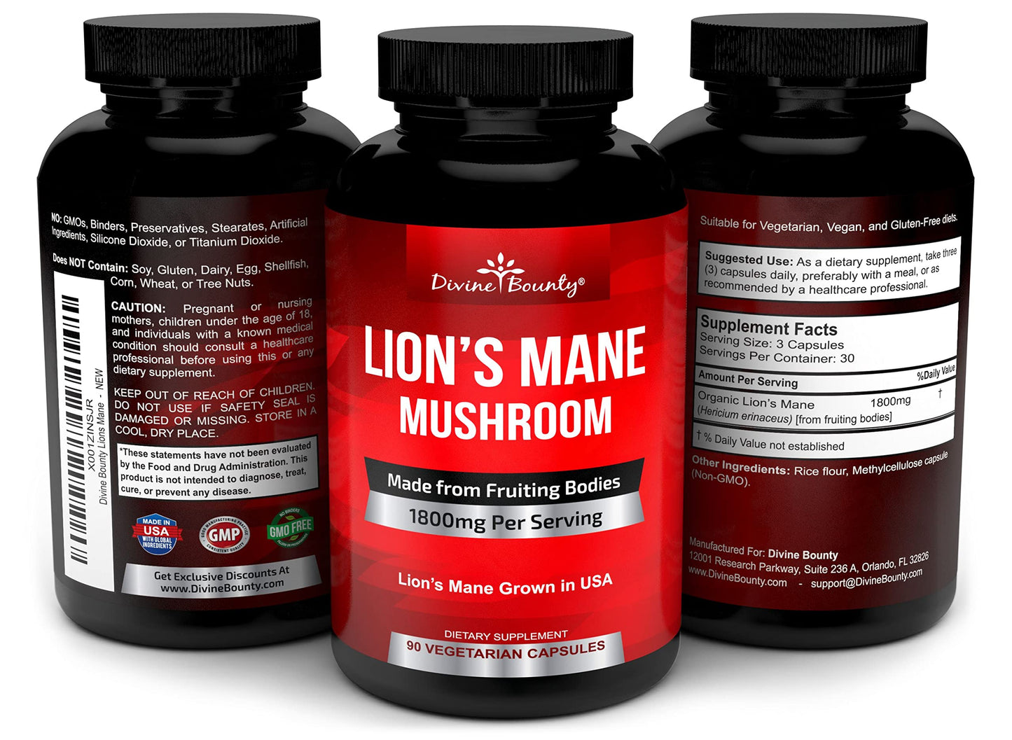 Divine Bounty Lions Mane Supplement Capsules 1800mg Nootropic, 90 Capsules