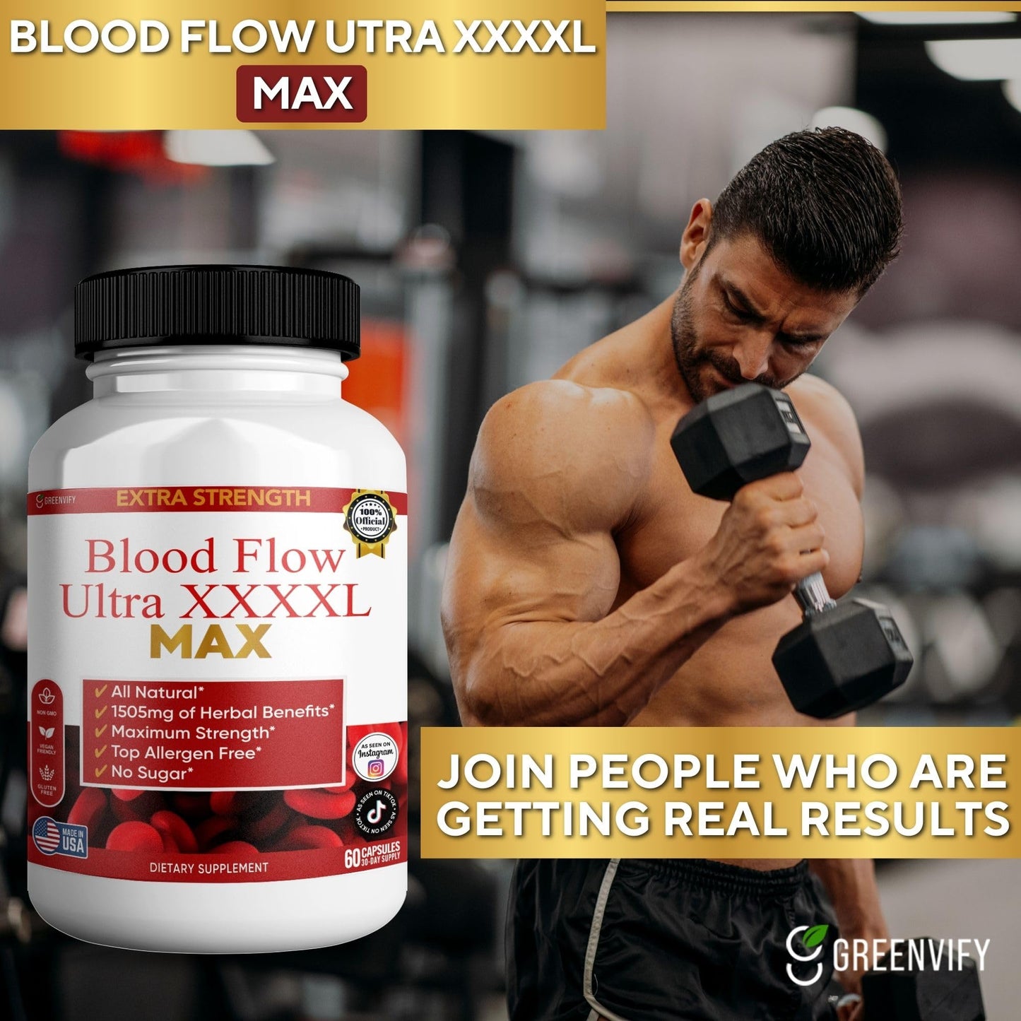GREENVIFY Blood Flow Ultra XXXL Max Extra Strength Maca Root Complex 60 Capsules