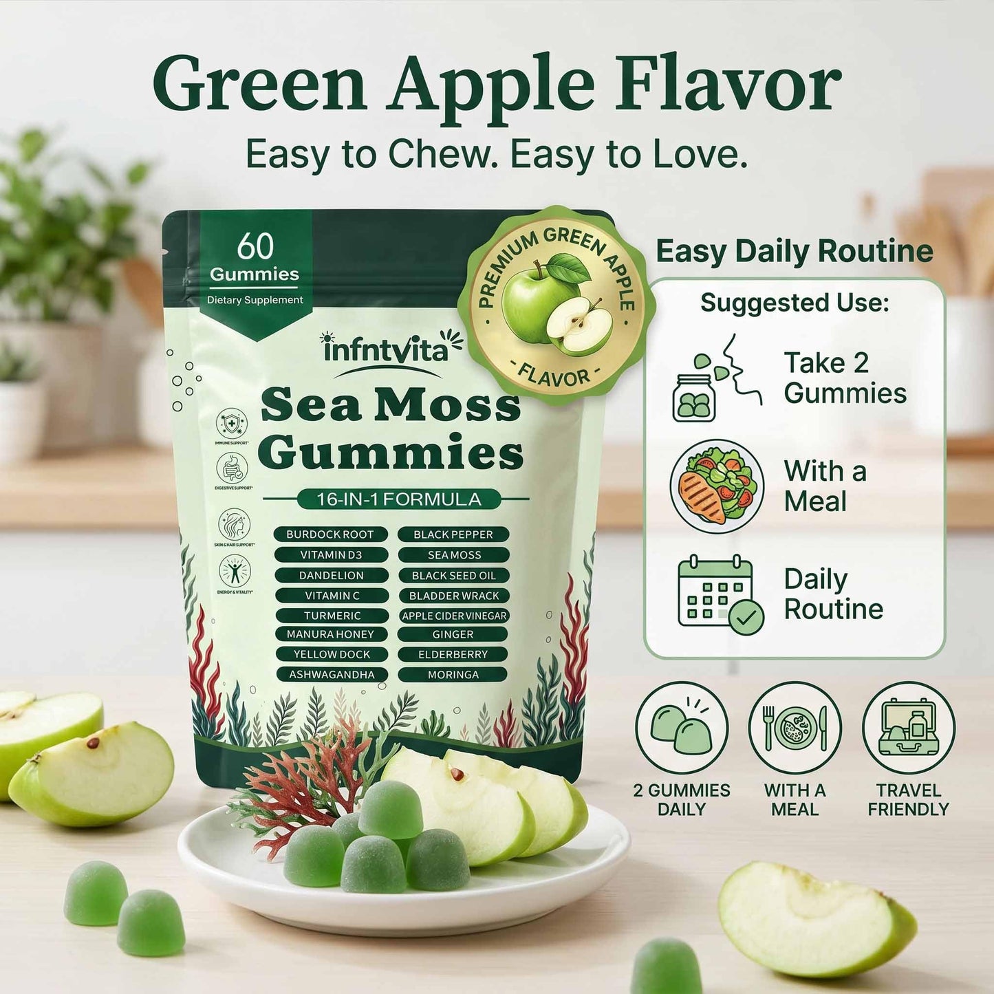 YALGET Sea Moss Gummies 16-in-1 with Ashwagandha, Black Seed Oil, Ginger, Turmeric, Manuka Honey, Black Pepper, Moringa, Elderberry – Daily Wellness & Immune Support – Apple Flavor, 60 Gummies