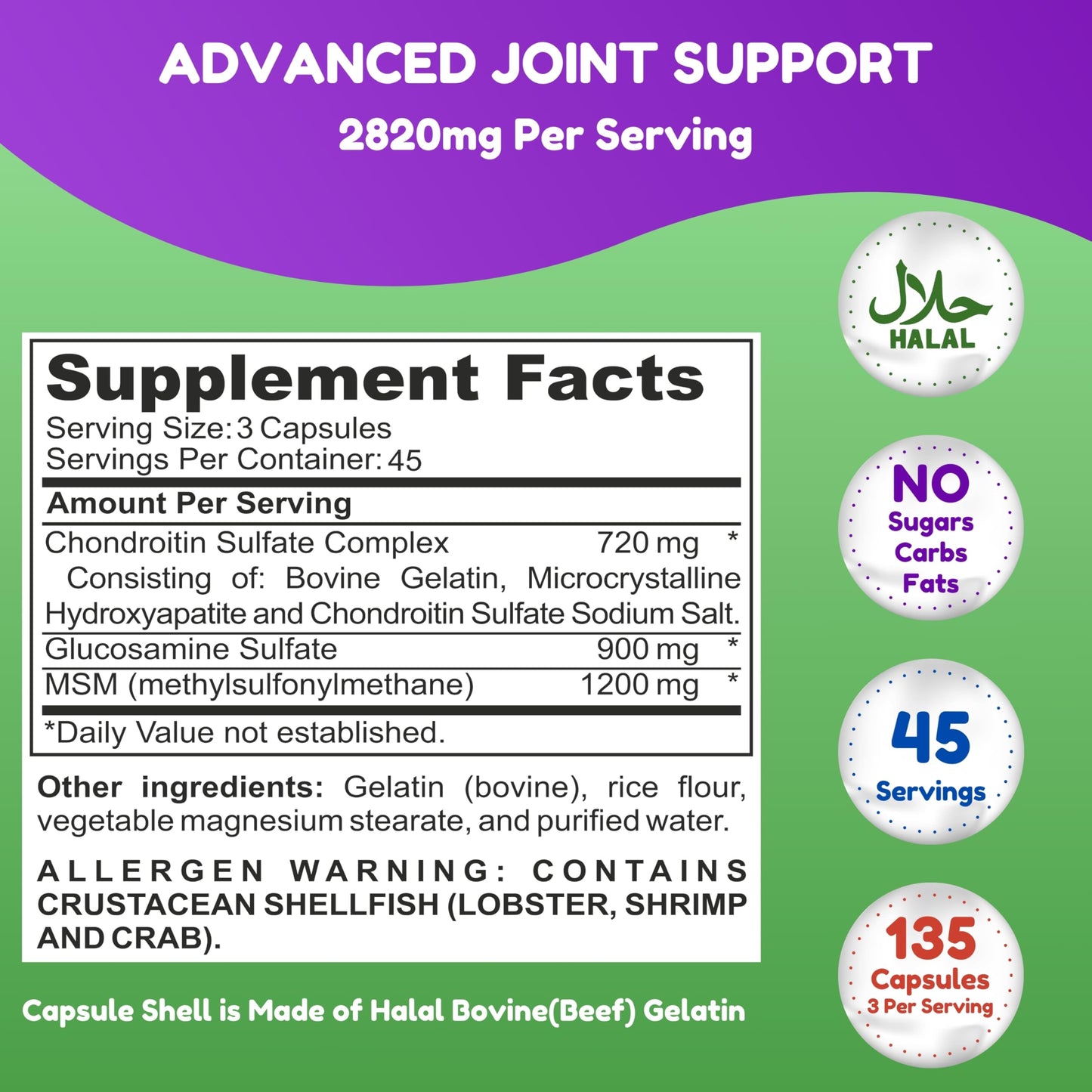 SHIFAA NUTRITION Glucosamine Chondroitin MSM Joint Support, 135 Capsules