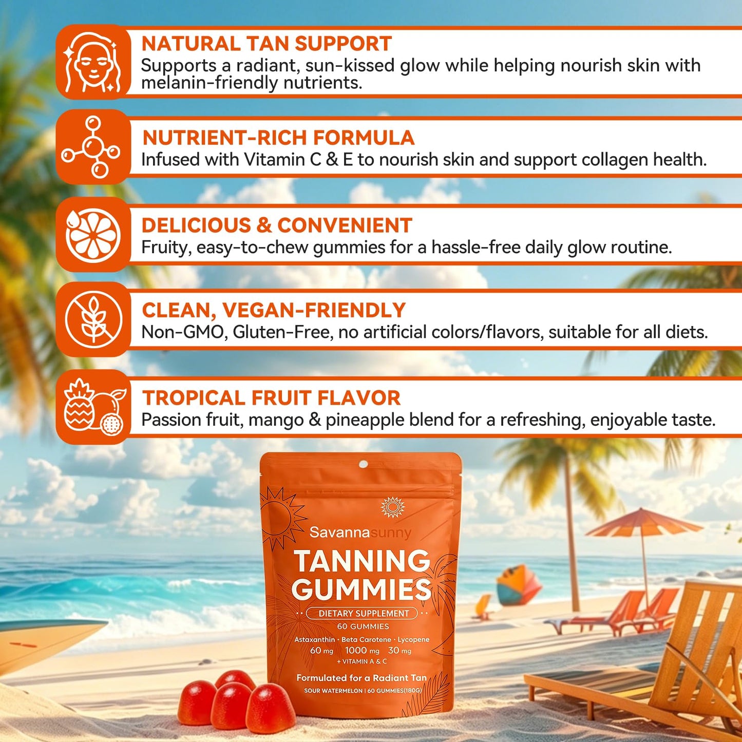 VITAL POWER Tanning Gummies for Women Beta-Carotene Astaxanthin Vitamin C&E Vegan Powder 6.34 Ounce