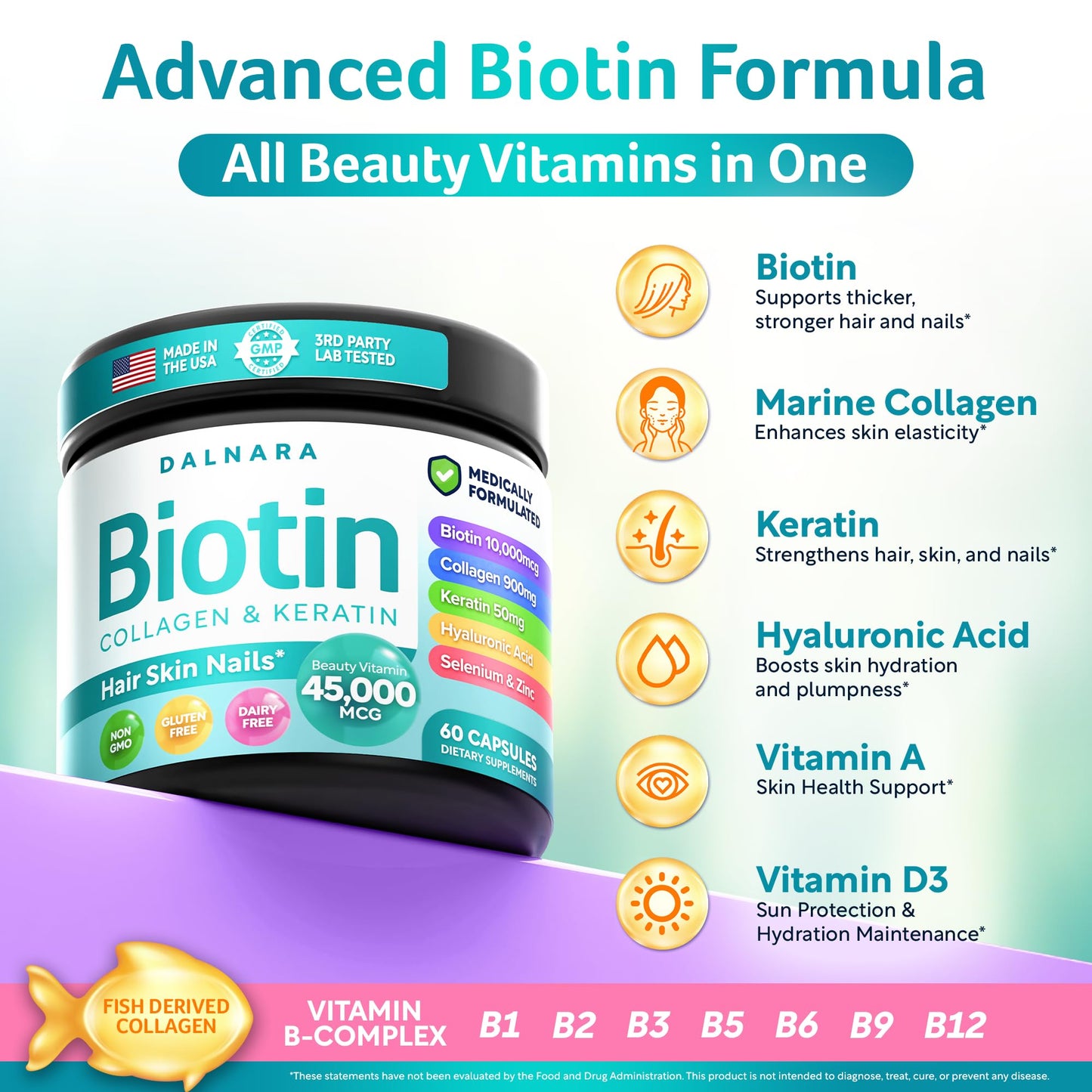 Dalnara Biotin Collagen & Keratin – Hair, Skin & Nails Vitamins, 45,000 MCG Vitamin Complex (A, B1, B2, B3, B6, B7, C & E) – Biotin for Hair Growth for Women & Men, Capsules, 120 Capsules