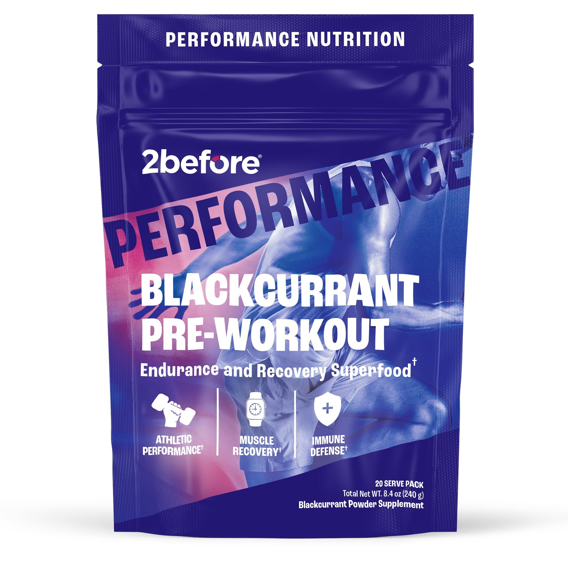 2before Blackcurrant All Natural Vegan Pre Workout, Caffeine Free, Clean Energy, Endurance, Recovery Powder 8.4 Ounce