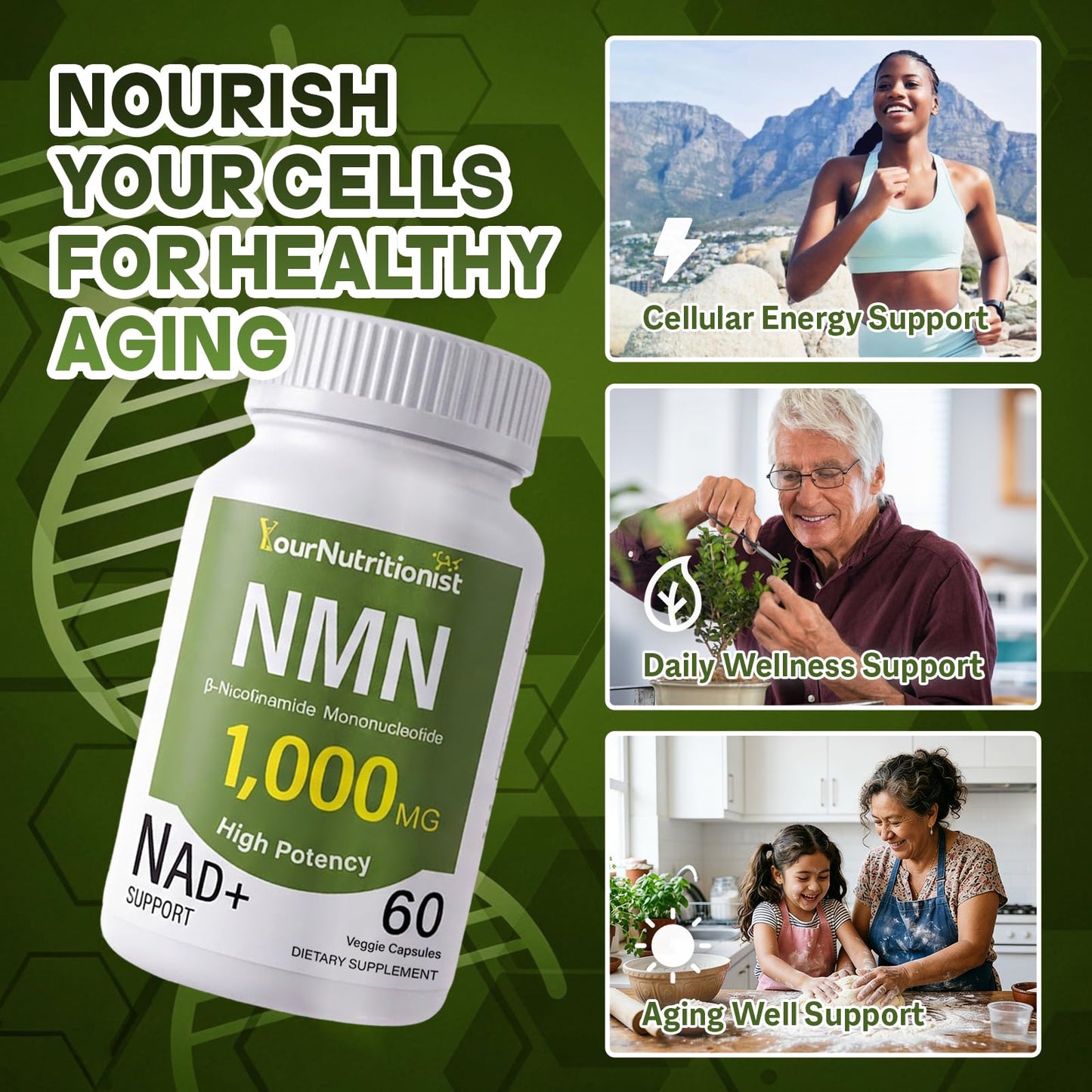 Your Nutritionist NMN Supplement 1000mg Per Serving, NAD+ Support Capsule, 60 Count