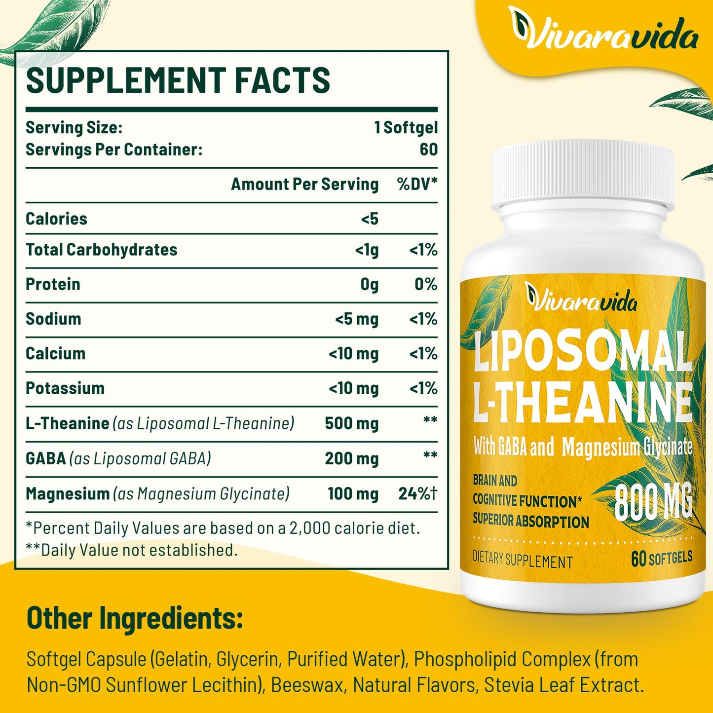 Vivaravida L-Theanine 800mg Supplement with GABA and Magnesium Glycinate Softgels 120 Count