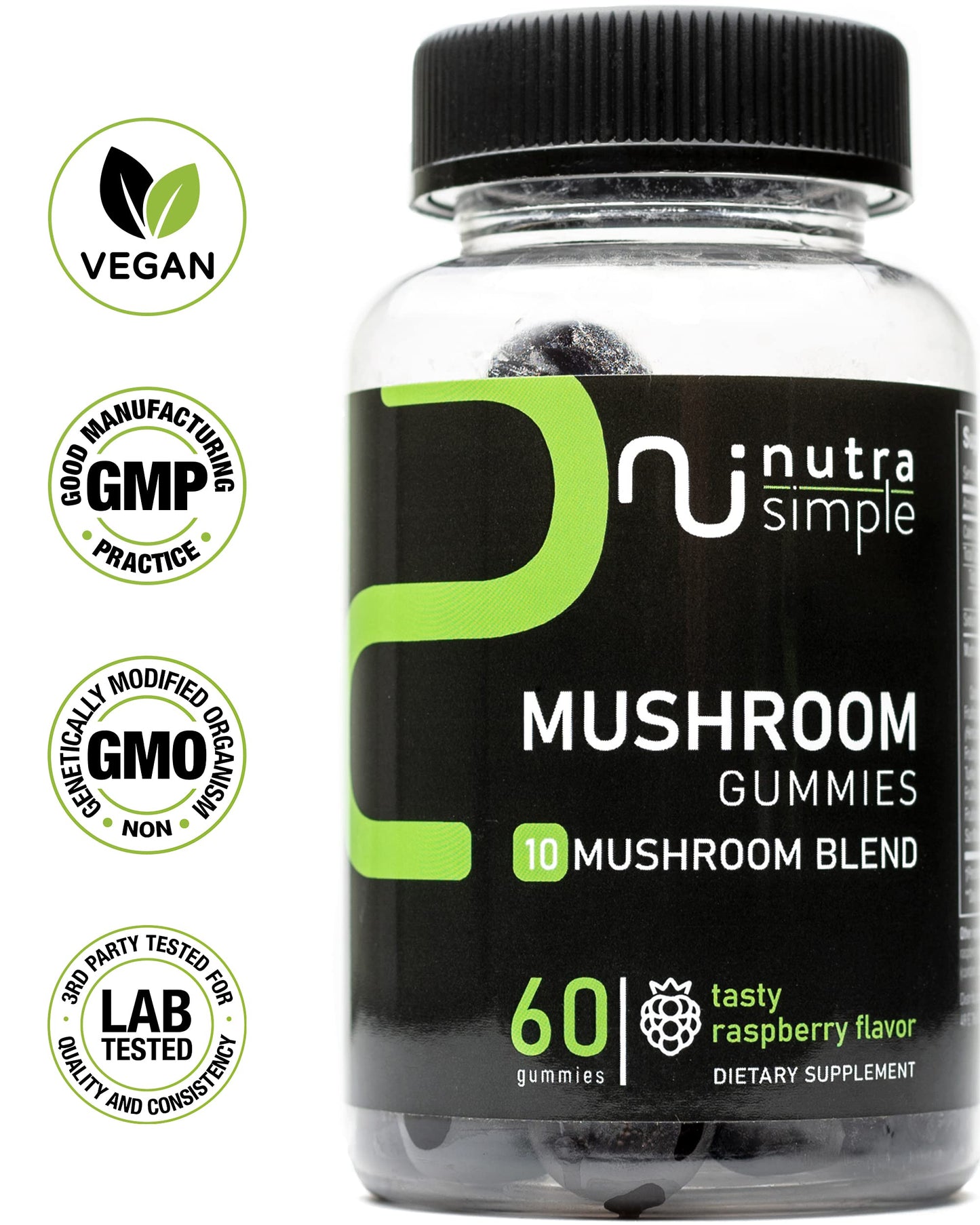 Nutra Simple Lions Mane Mushroom Gummies with Turkey Tail, Chaga, Cordyceps, Maitake, Reishi, Royal Sun Extract, for Focus and Energy Support, Raspberry Flavor, 60 Gummies