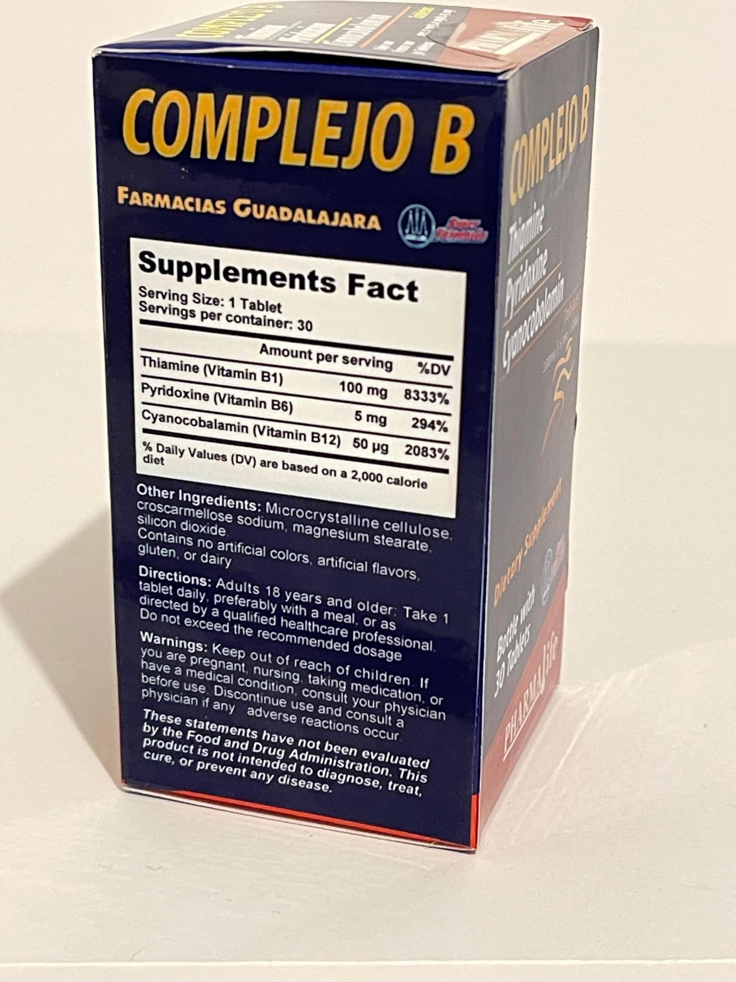 Generic Complejo B (B-Complex) Vitamin B1, B6, B12 Tablets – Dietary Supplement – 30 Tablets