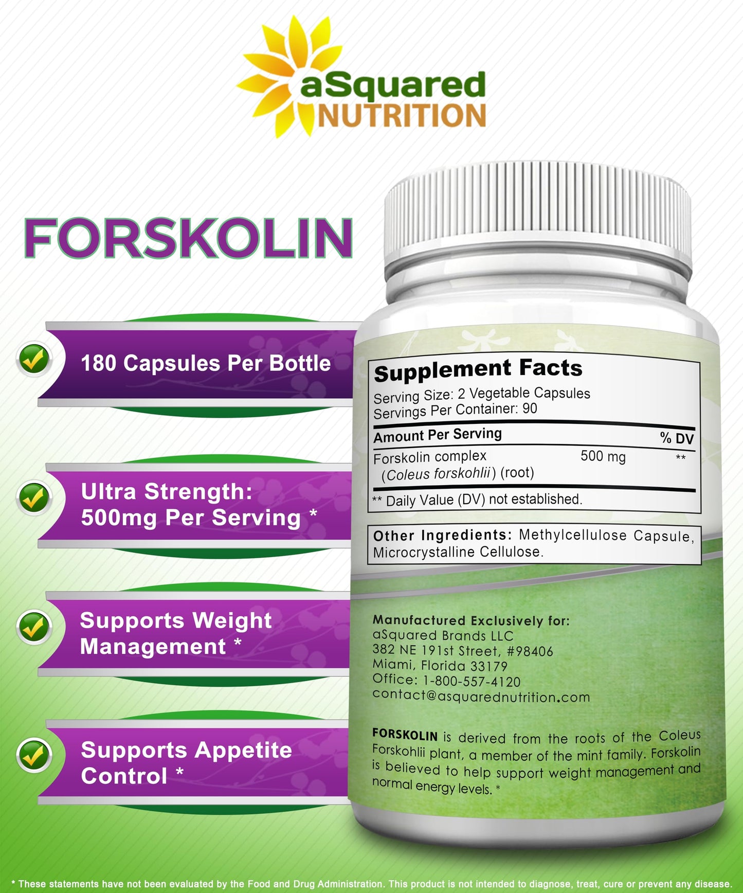 aSquared Nutrition Forskolin 500mg Per Serving Max Strength 180 Capsules