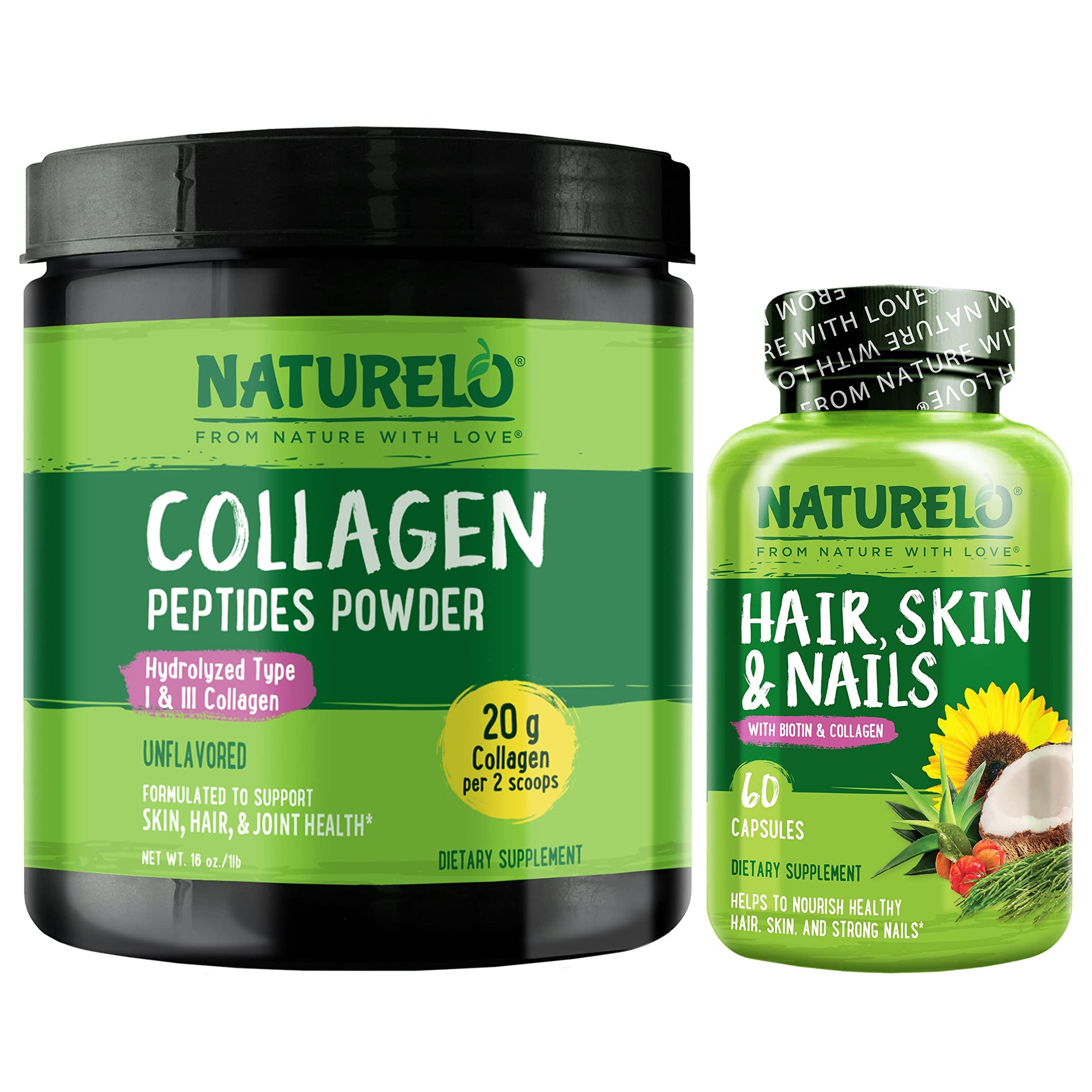 NATURELO Hair, Skin and Nails Multivitamin Collagen Peptide Powder, 60 Count