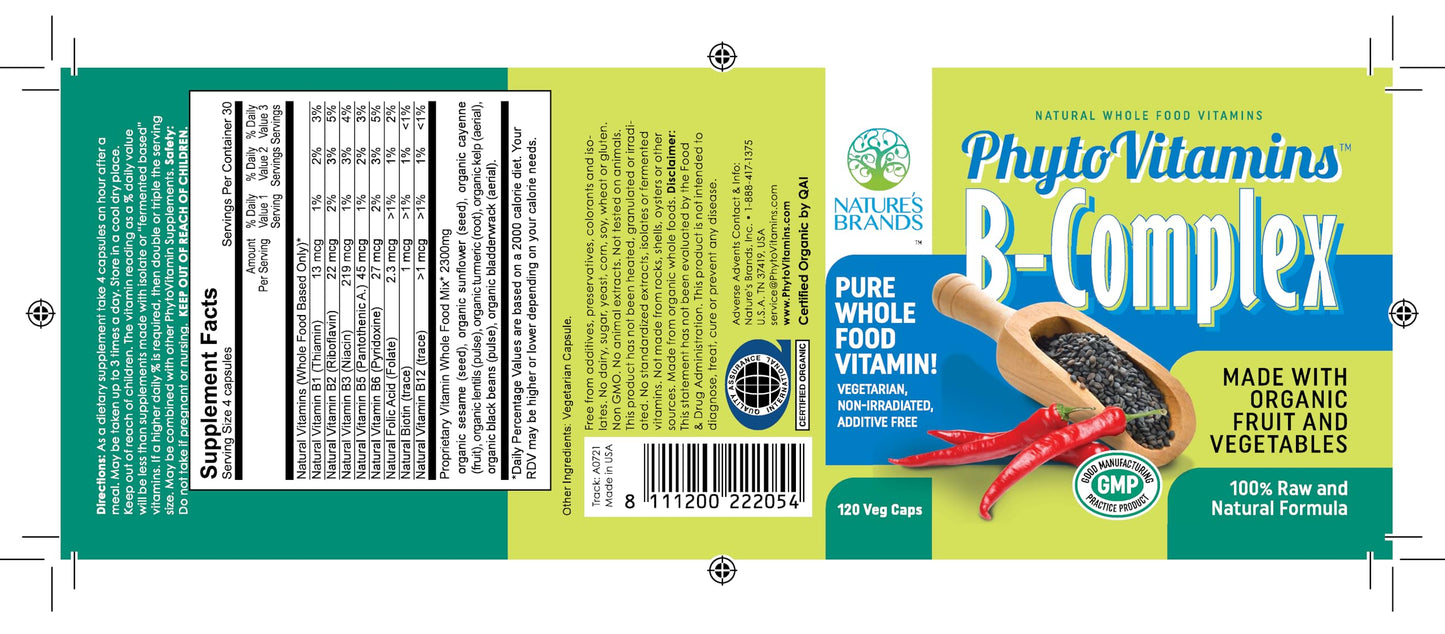 Nature's Brands Organic Whole Food Vitamin B-Complex by PhytoVitamins 120 Capsules
