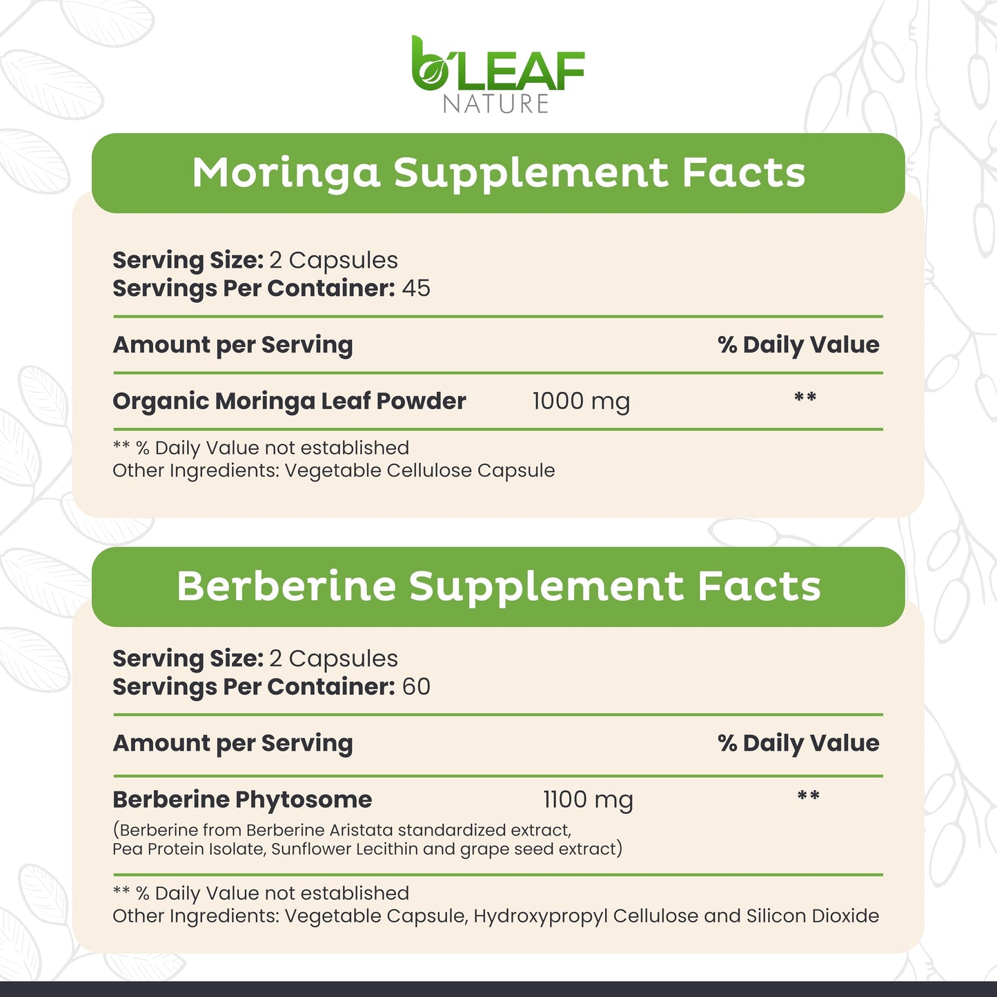 B'LEAF NATURE Moringa & Berberine Bundle, 210 Capsules