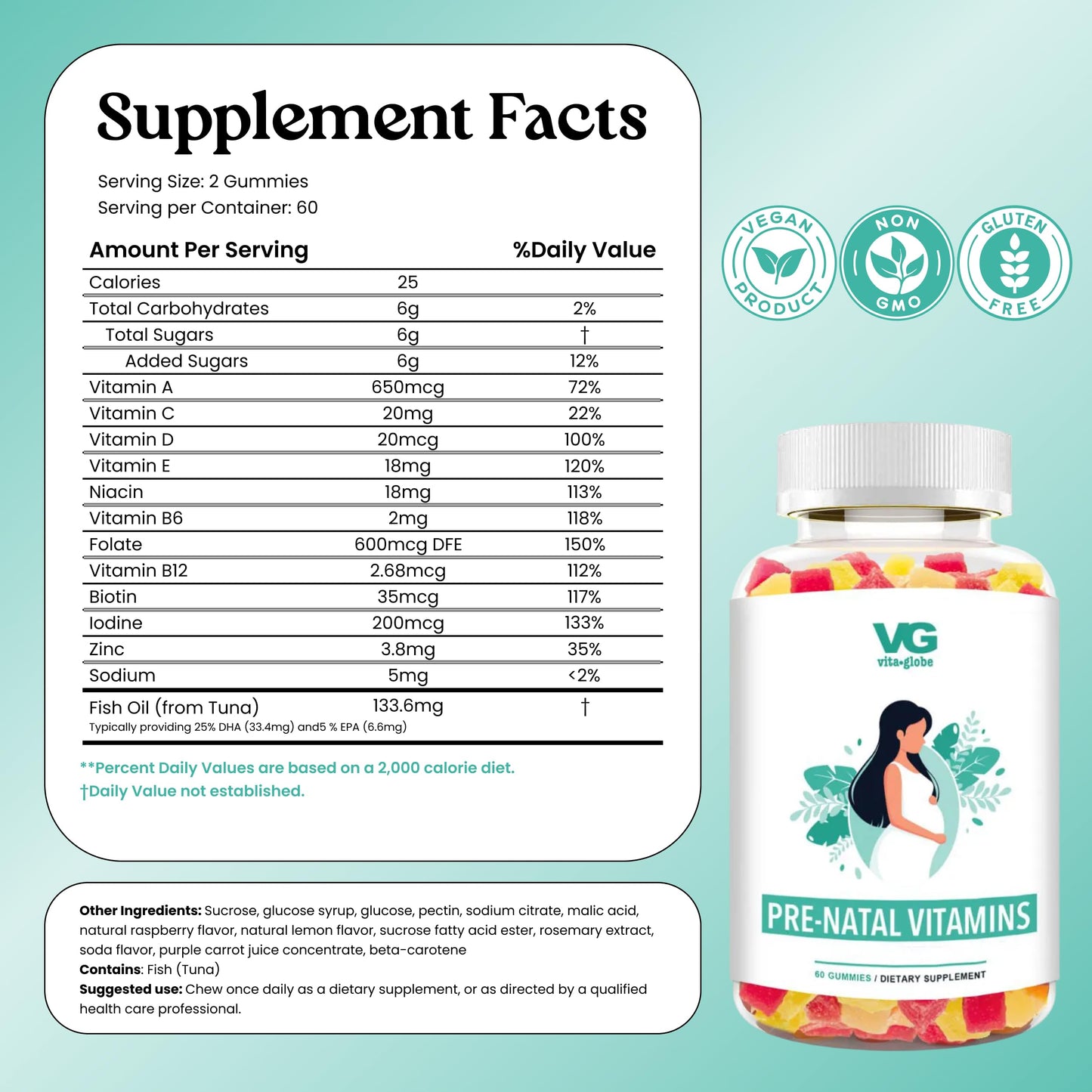 VITA GLOBE Prenatal Fish Oil Gummy Vitamins - 60 Count