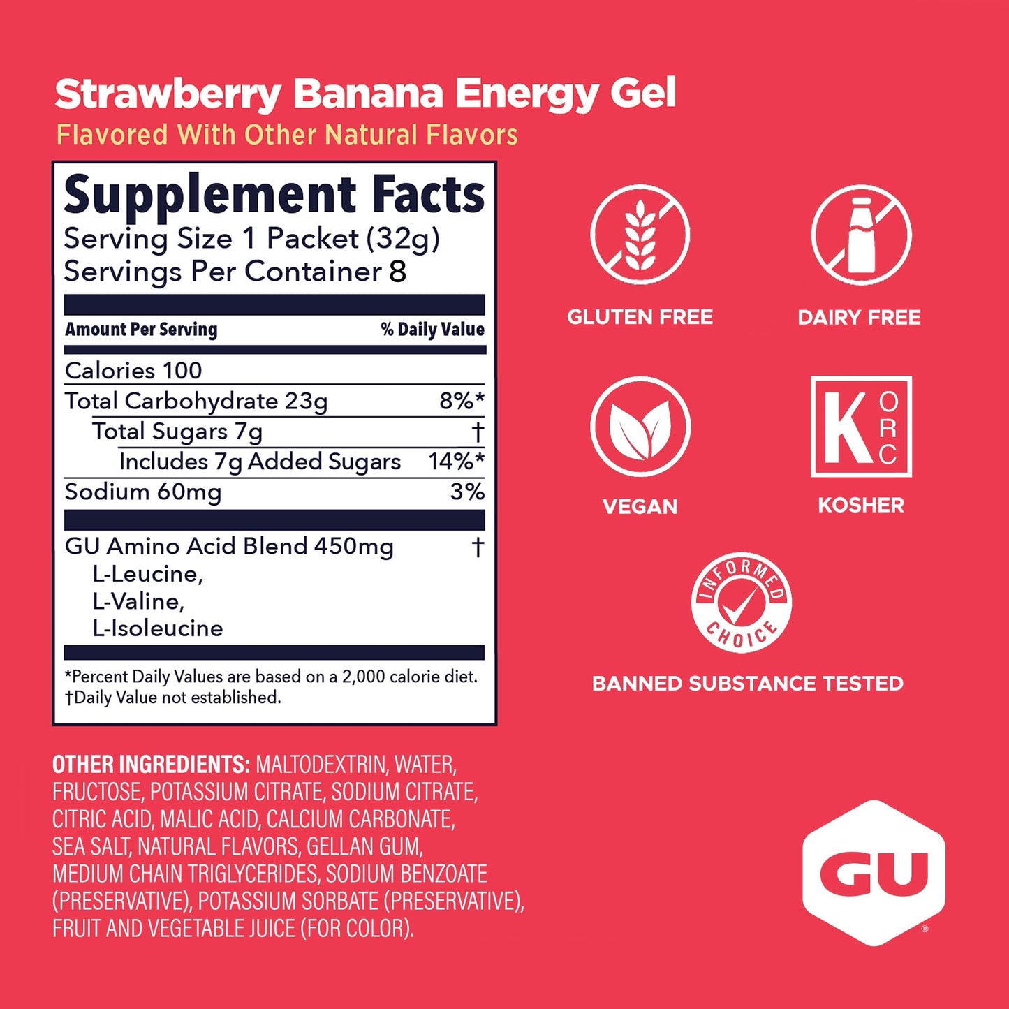 GU Energy Original Sports Nutrition Energy Gel, Vegan and Dairy-Free On-the-Go Energy for Any Workout, Strawberry Banana, 8-Count