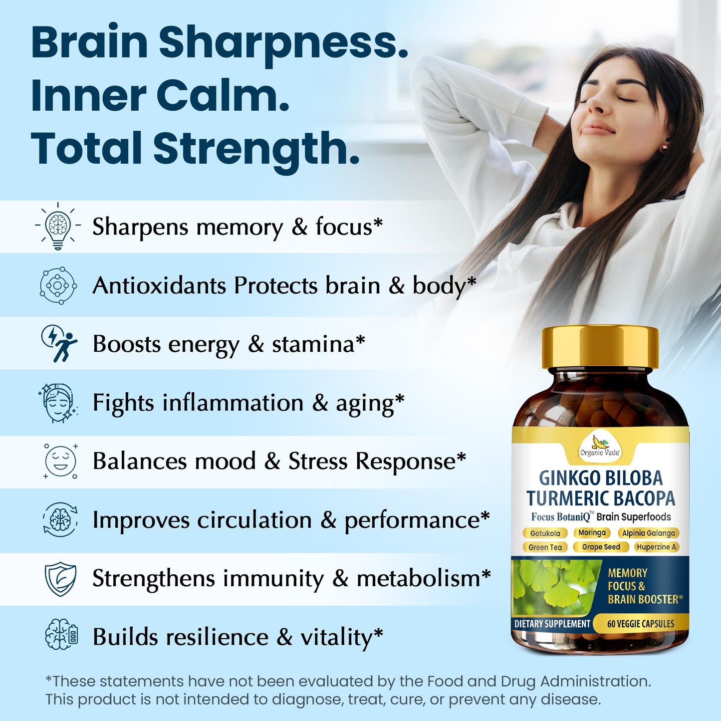 Organic Veda Ginkgo Biloba Turmeric Bacopa Brain Supplements for Memory and Focus, 60 Capsules