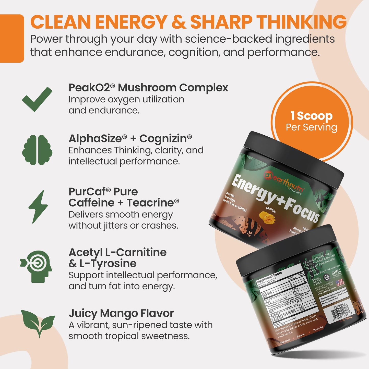 EarthNutri Energy + Focus Powder Supplement, 6.03 oz