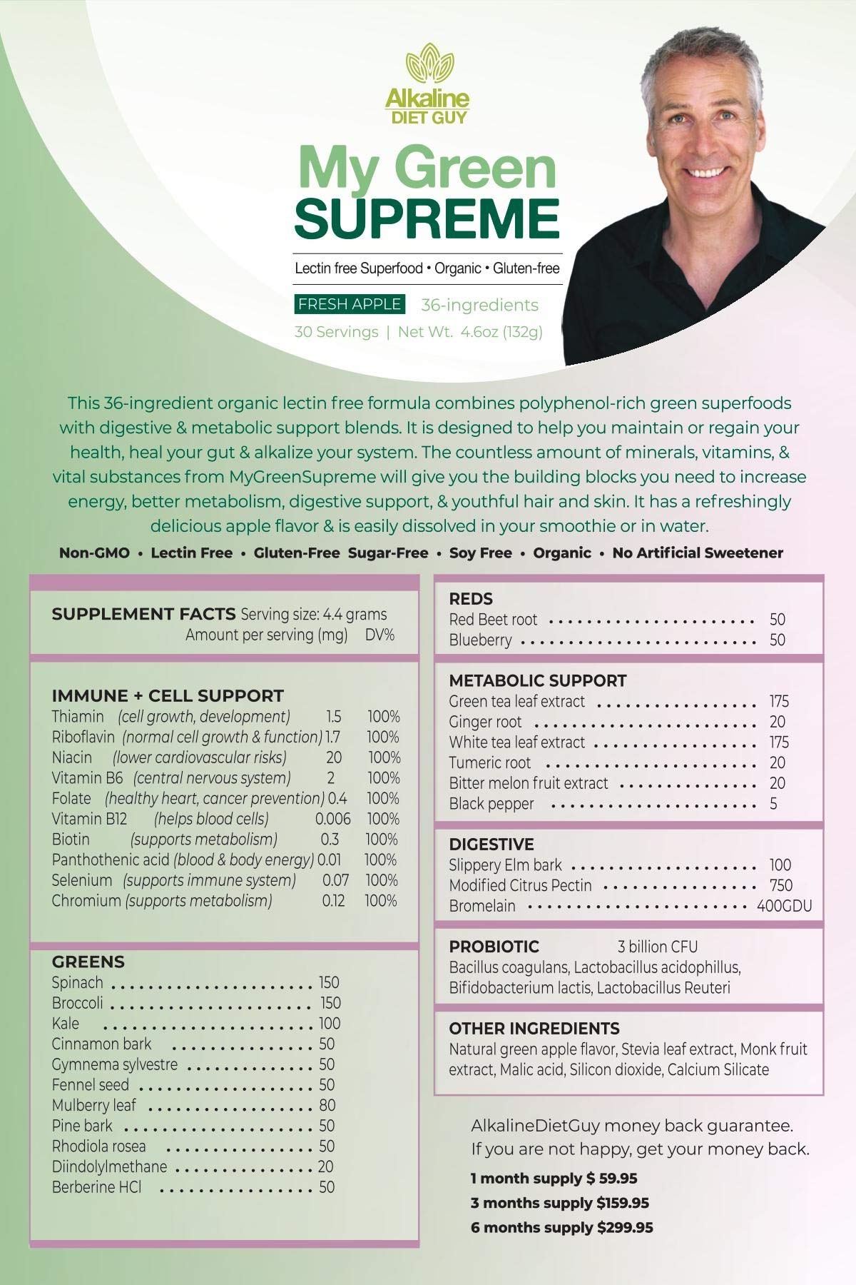 Alkaline Diet Guy My Green Supreme Organic 6-in-1 Premium Superfood Powder 4.6 oz