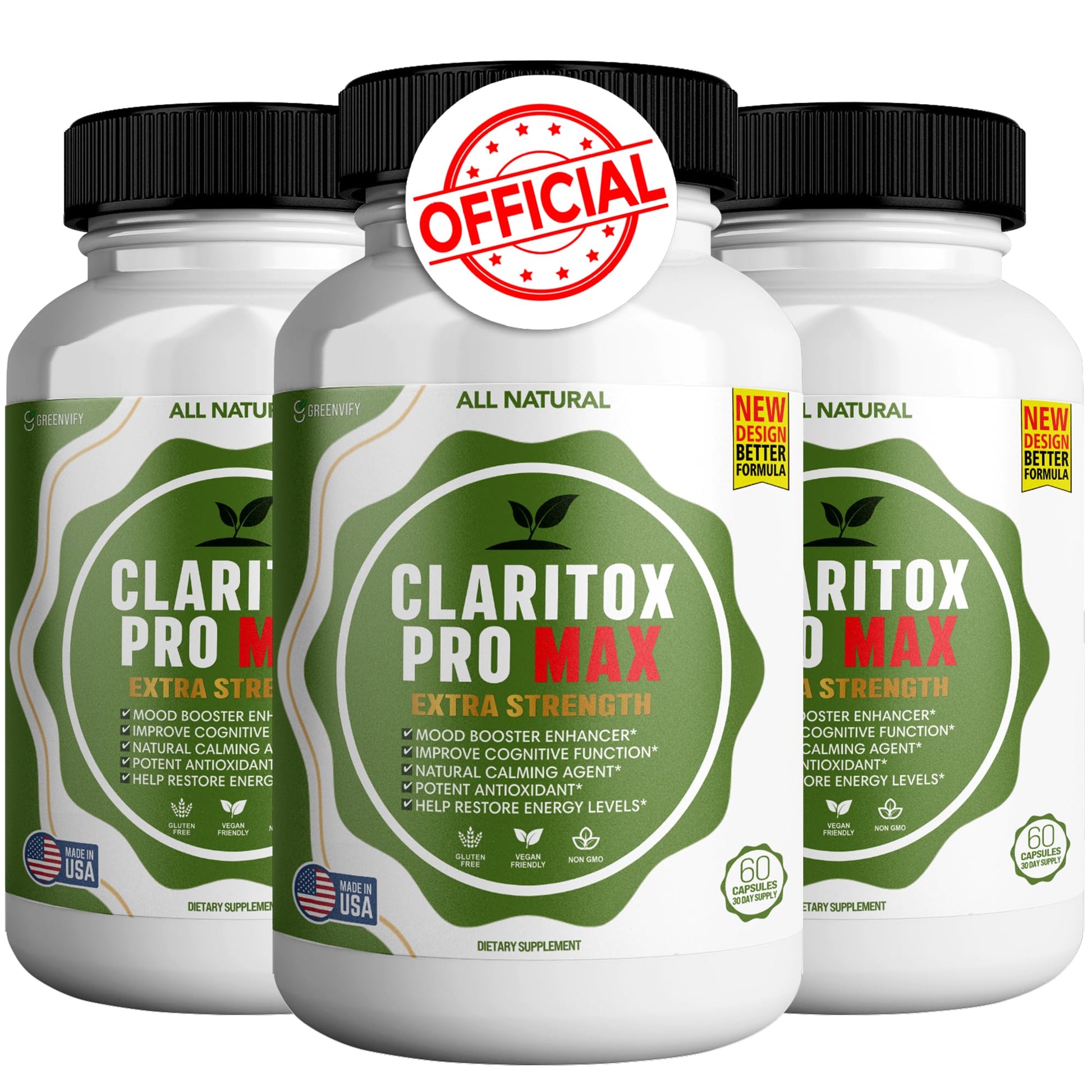 GREENVIFY Claritox Pro Max Extra Strength Supplement, Mood Booster, Cognitive Function Enhancer 180 Capsules