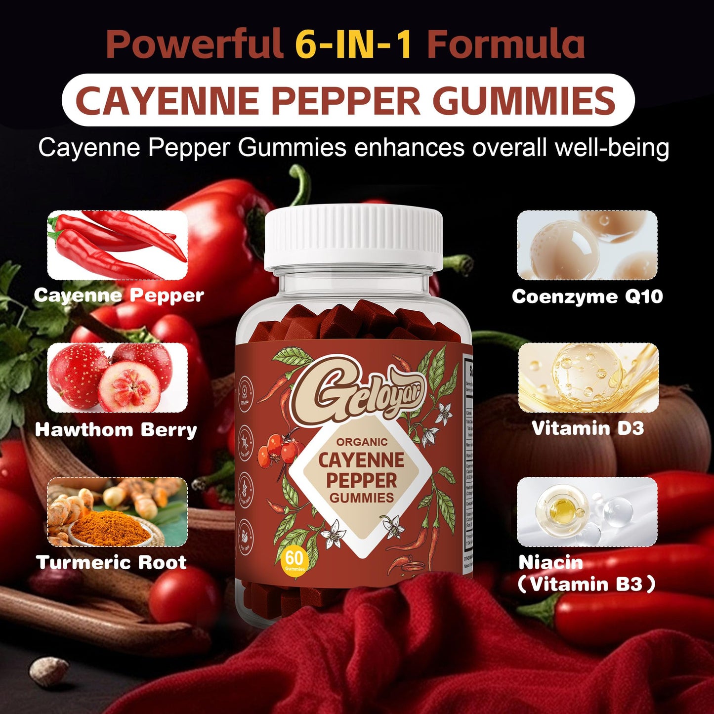 Geloyar Cayenne Pepper Supplements Gummies 60 Count