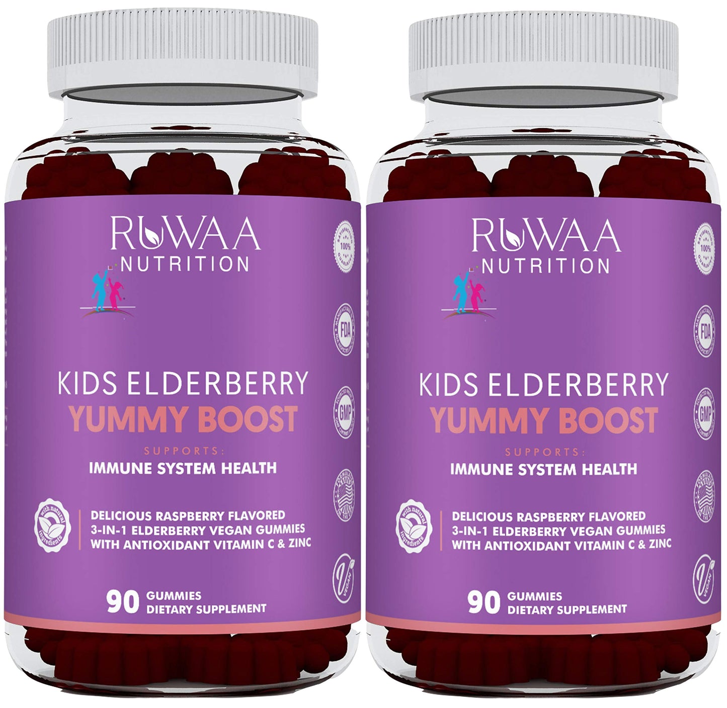 RUWAA NUTRITION Elderberry Gummies for Kids, Vitamin C & Zinc Immune Support, Chewable Immunity Vitamins, Gluten Free, Non-GMO 120 Gummies