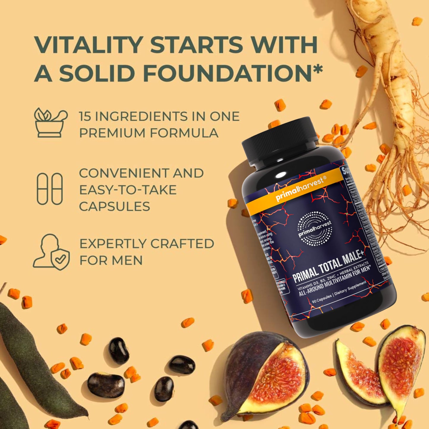 Primal Harvest Total Male+ Multivitamin for Men Vitamins, Minerals and Herbal Support for Energy, Vitality, Immune Health and Performance (1 Pack (90 Count))