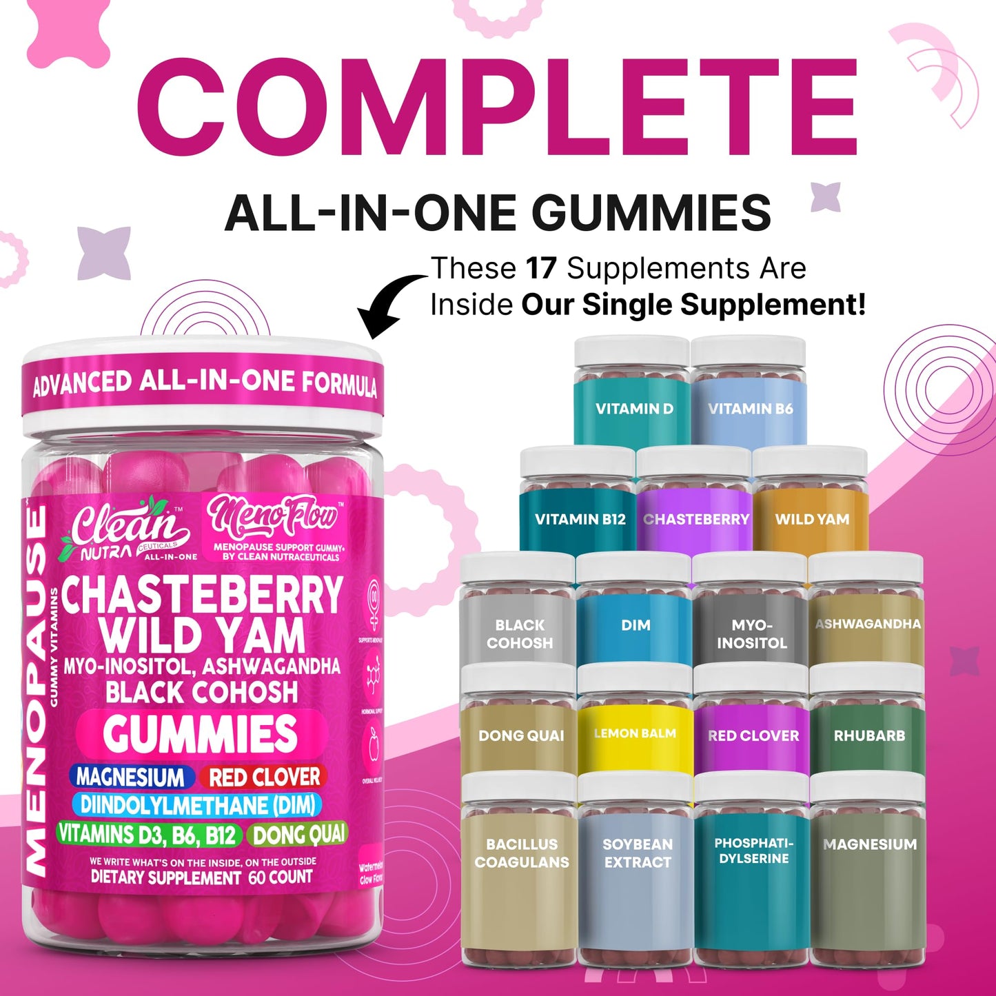 Clean Nutraceuticals Menopause Gummies with DIM, Vitex (Chasteberry), Wild Yam, Black Cohosh, Red Clover, Inositol, Magnesium Glycinate, B6, Glycine, 60 Count