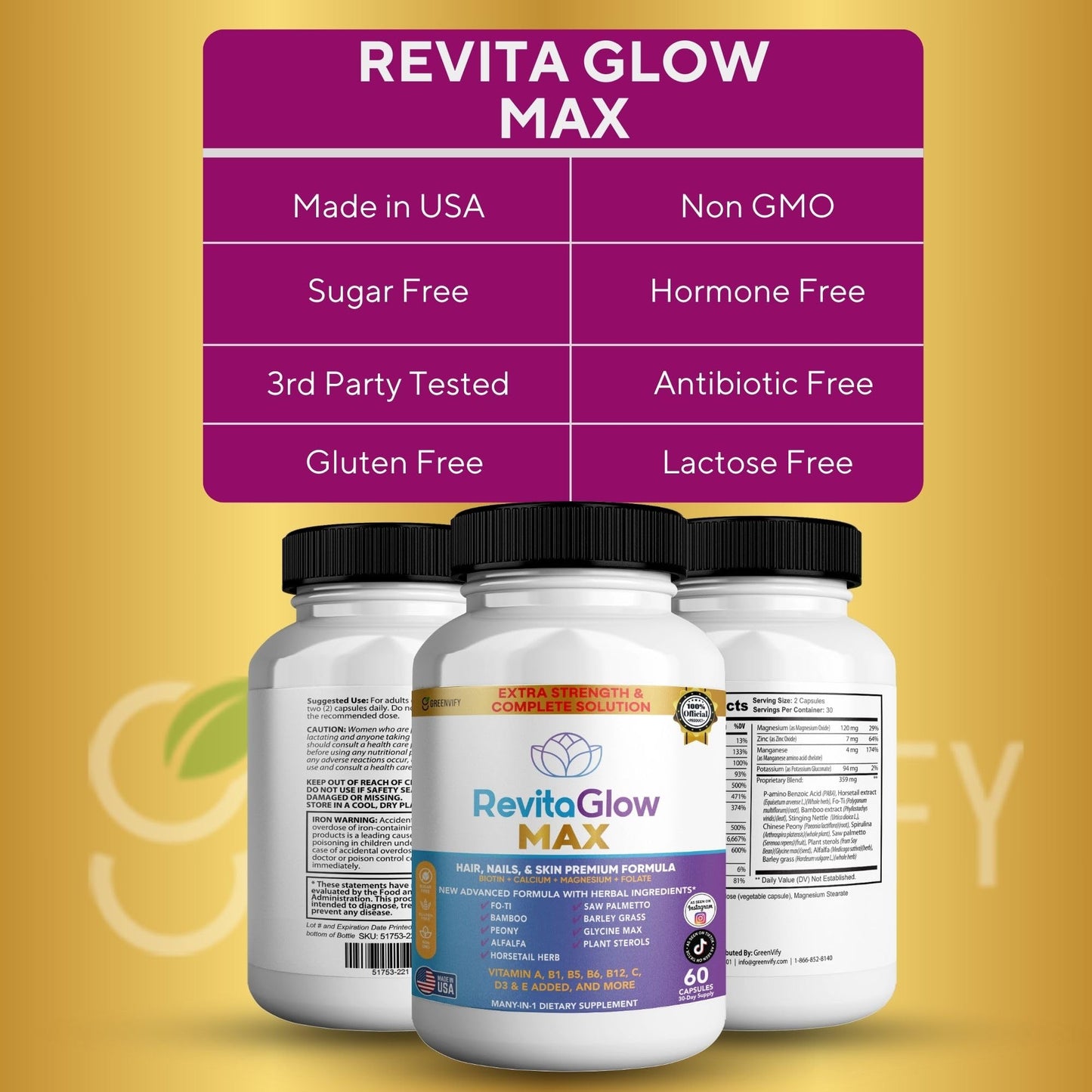 GREENVIFY RevitaGlow Max Hair, Nails & Skin Premium Formula 60 Capsules