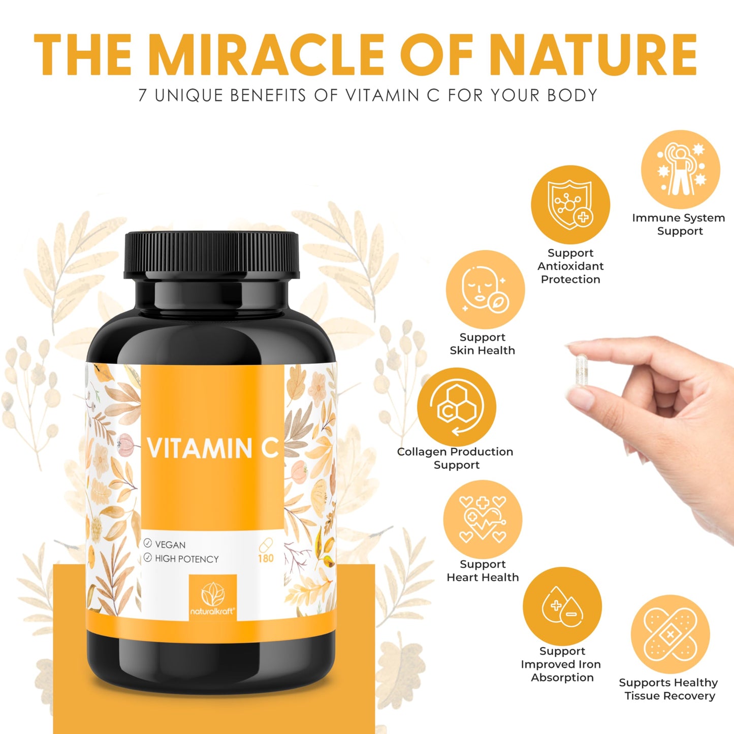 Naturalkraft Vitamin C 1000 mg per Daily Serving with Sunflower Phospholipid Powder and Rosehip Extract, 180 Capsules