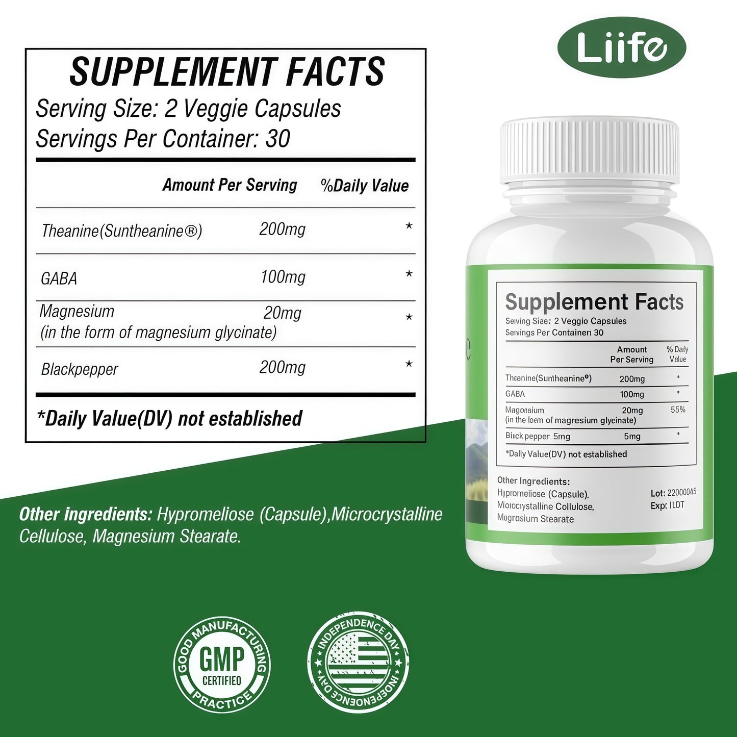 LIIFE L-Theanine (Suntheanine®) with GABA, Magnesium & Black Pepper – 60 Veggie Capsules