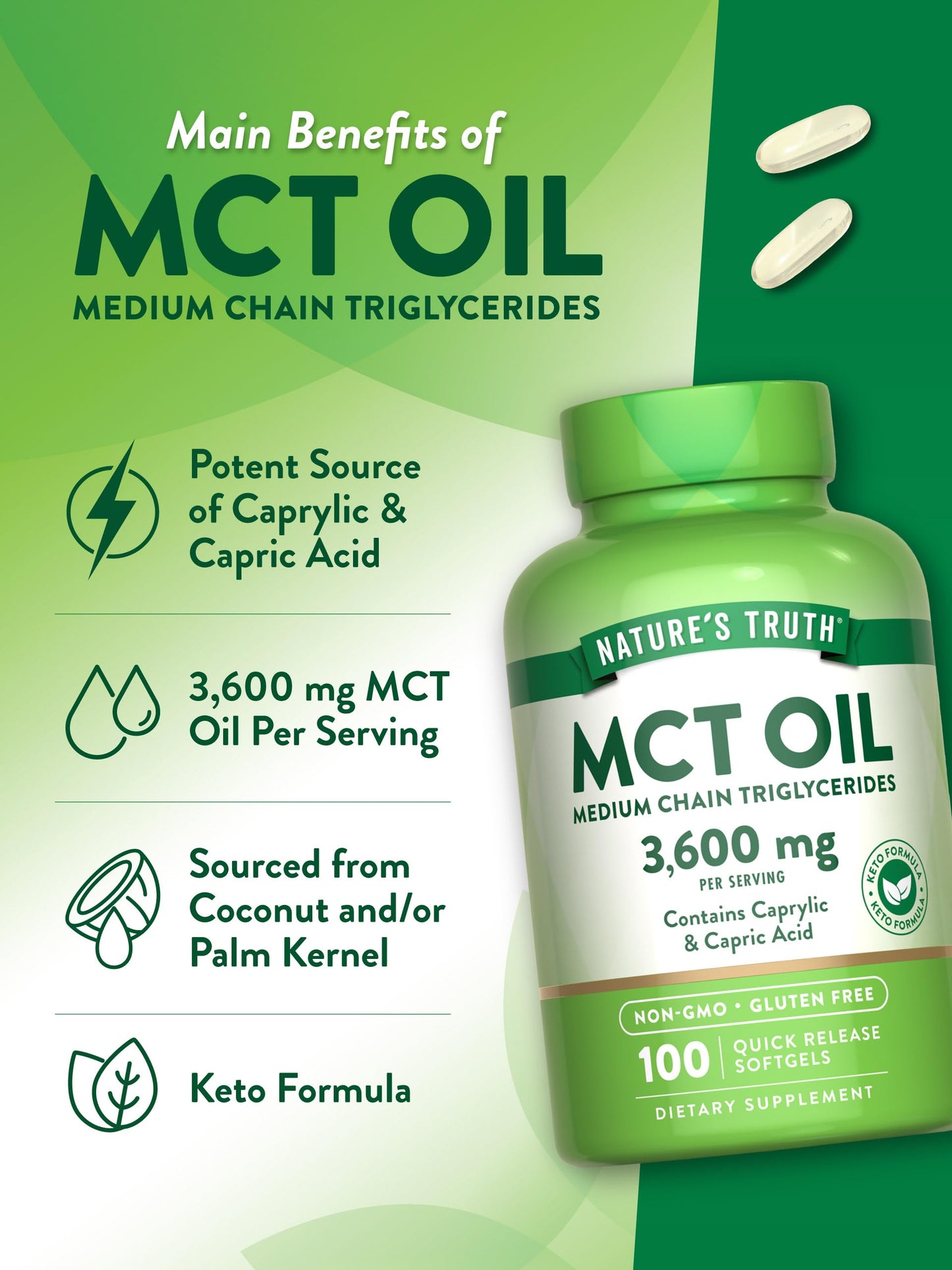 Nature's Truth MCT Oil Softgels, 100 Count