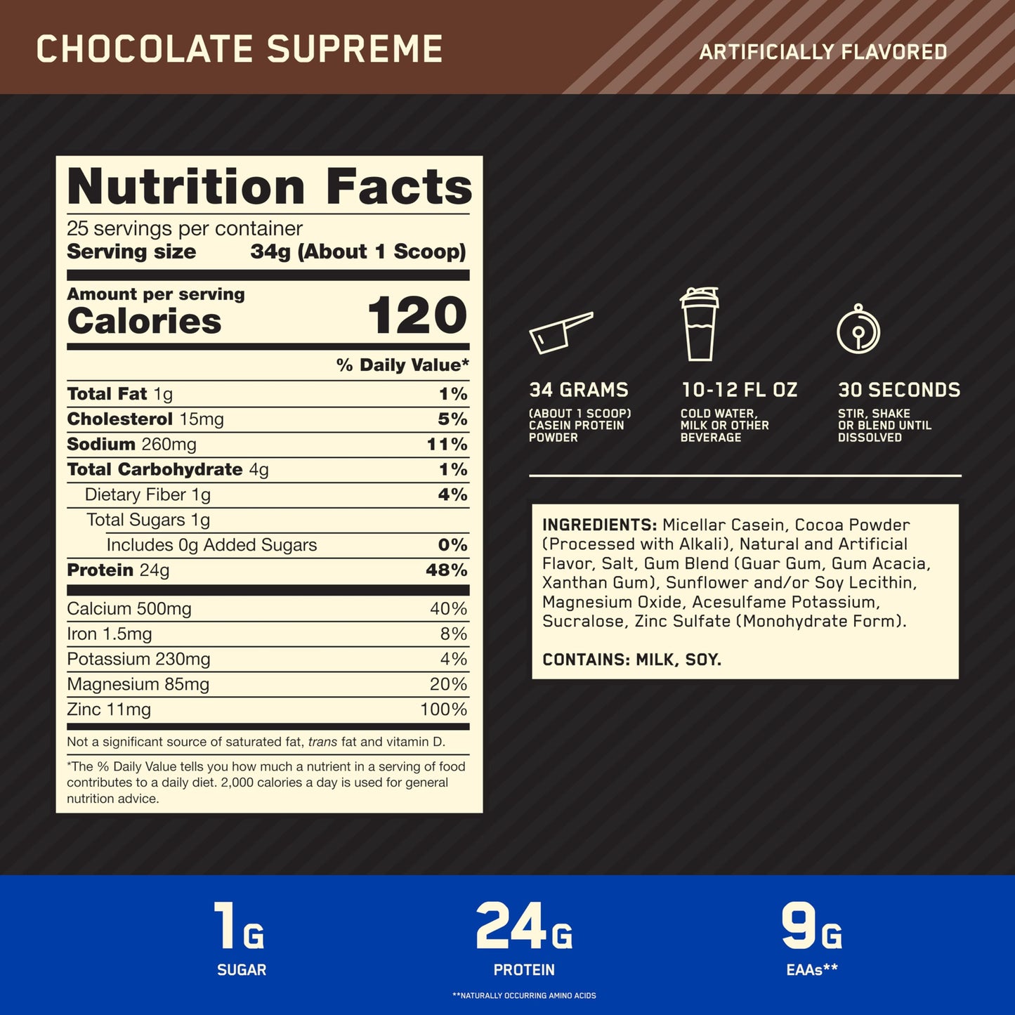Optimum Nutrition Gold Standard 100% Micellar Casein Protein Powder, Chocolate Supreme, 907 g