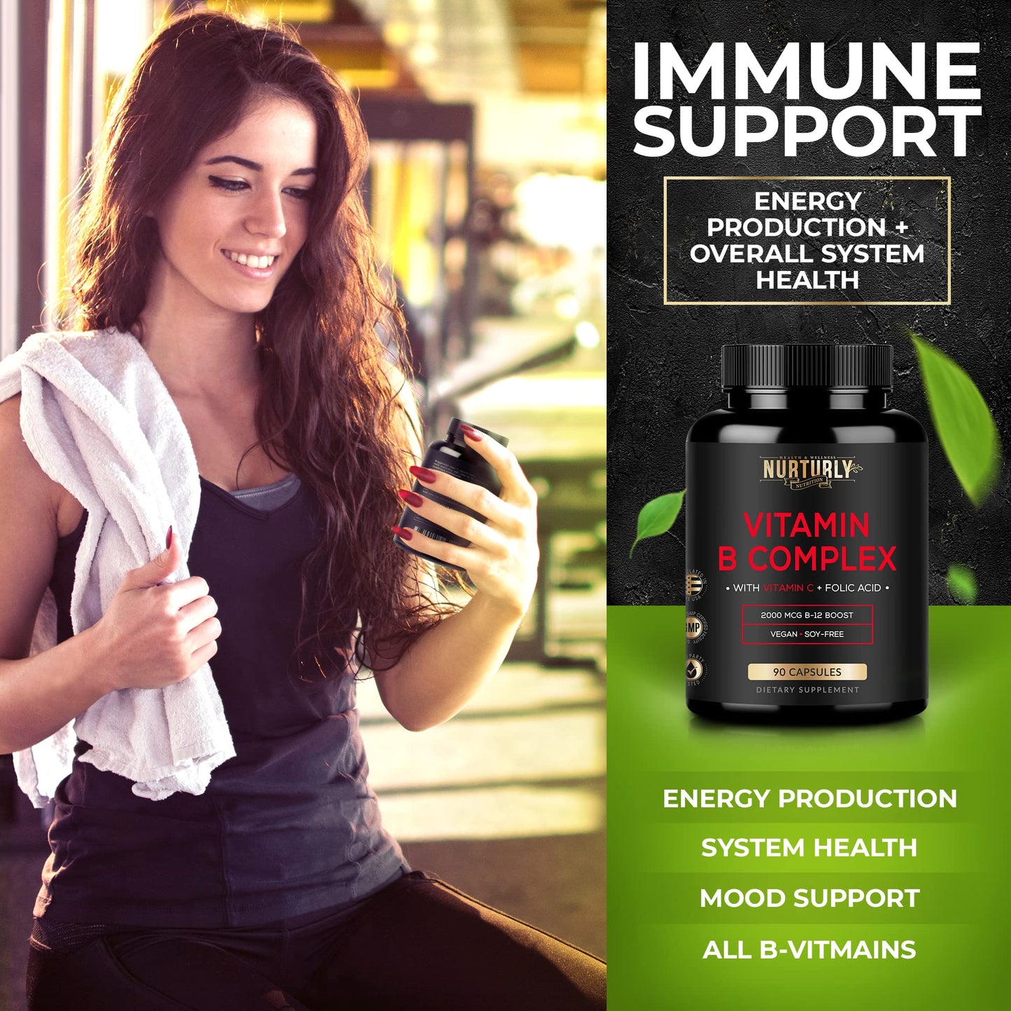 NURTURLY Vitamin B Complex with Vitamin C Capsules 90 Count