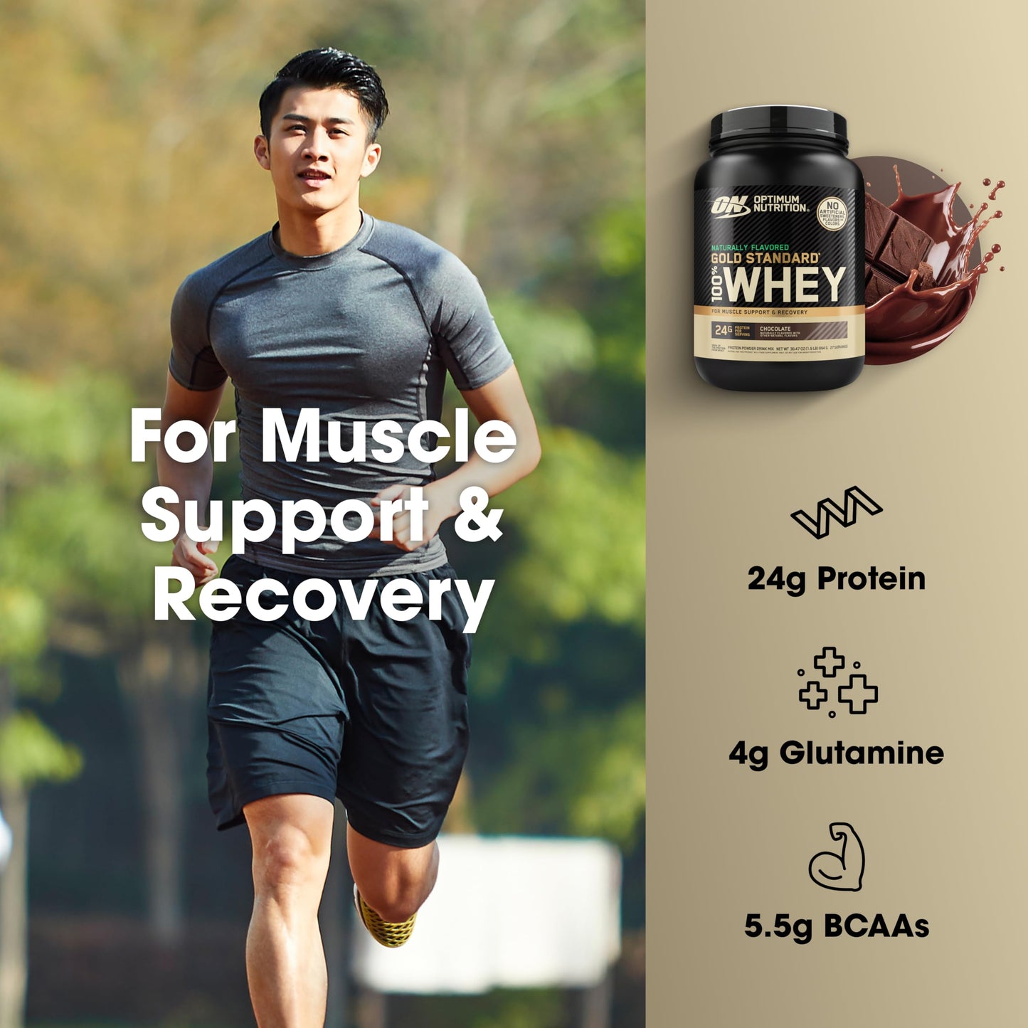 Optimum Nutrition Gold Standard 100% Whey Protein Powder, Naturally Flavored Chocolate, 30.4 oz