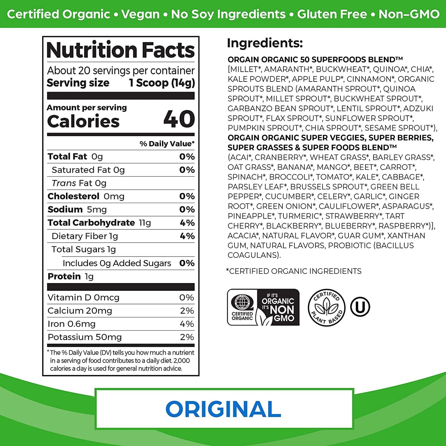 Orgain Organic Vegan Protein Powder + Orgain Organic Greens Powder Superfood Blend, 2 Piece Set, 1 Count