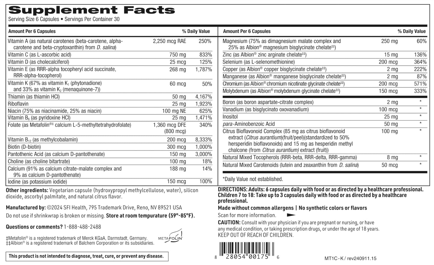 SFI Health MultiThera 1 Plus K Iron-Free Multivitamin & Multimineral Capsule Formula with Vitamin K1 & K2, 180 Capsules